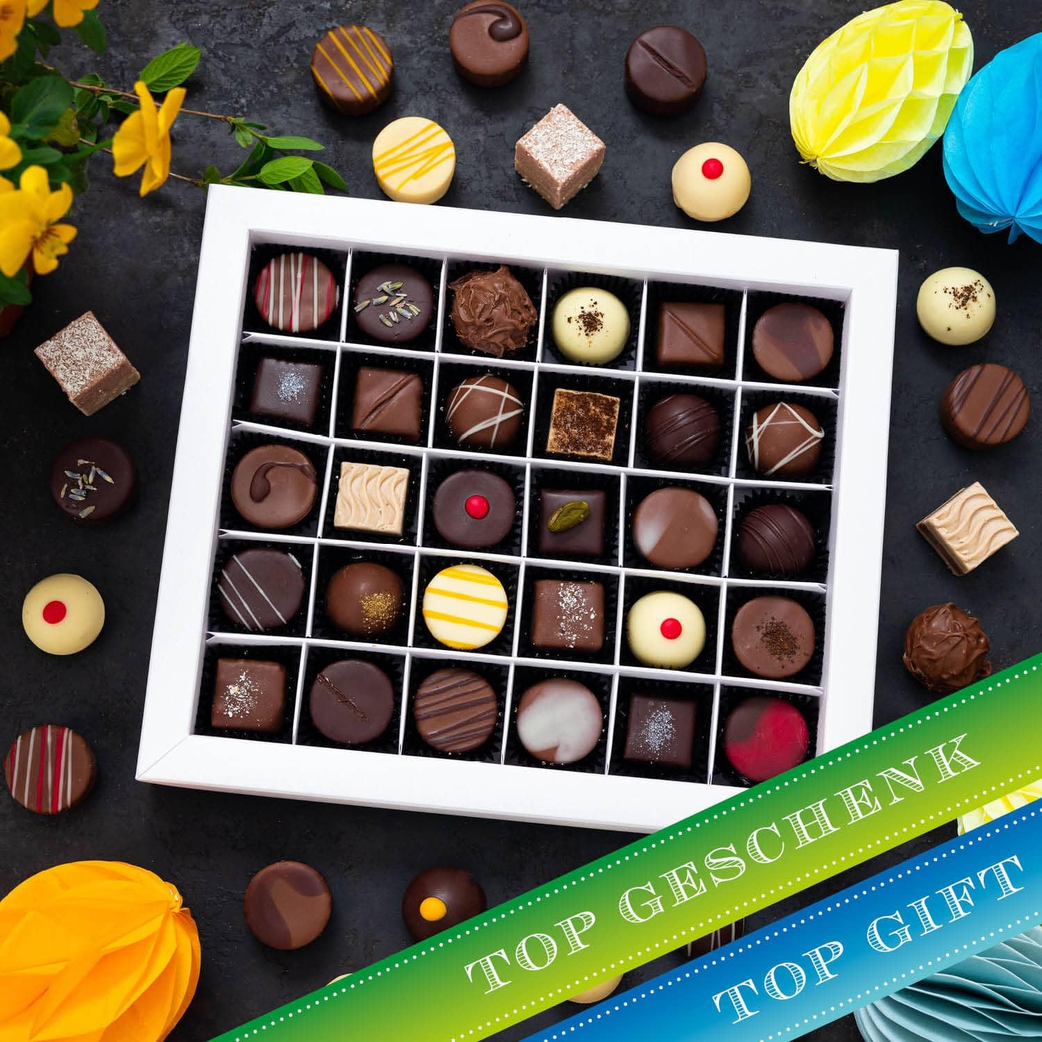 Hallingers Genuss Manufaktur Pralinen Oster-Geschenk - ohne Alkohol, handmade aus Confiserie-Edelkakao in wertiger XXL-Geschenkbox "Gruß vom Osterh...", Ostern Körbchen für Frauen Männer
