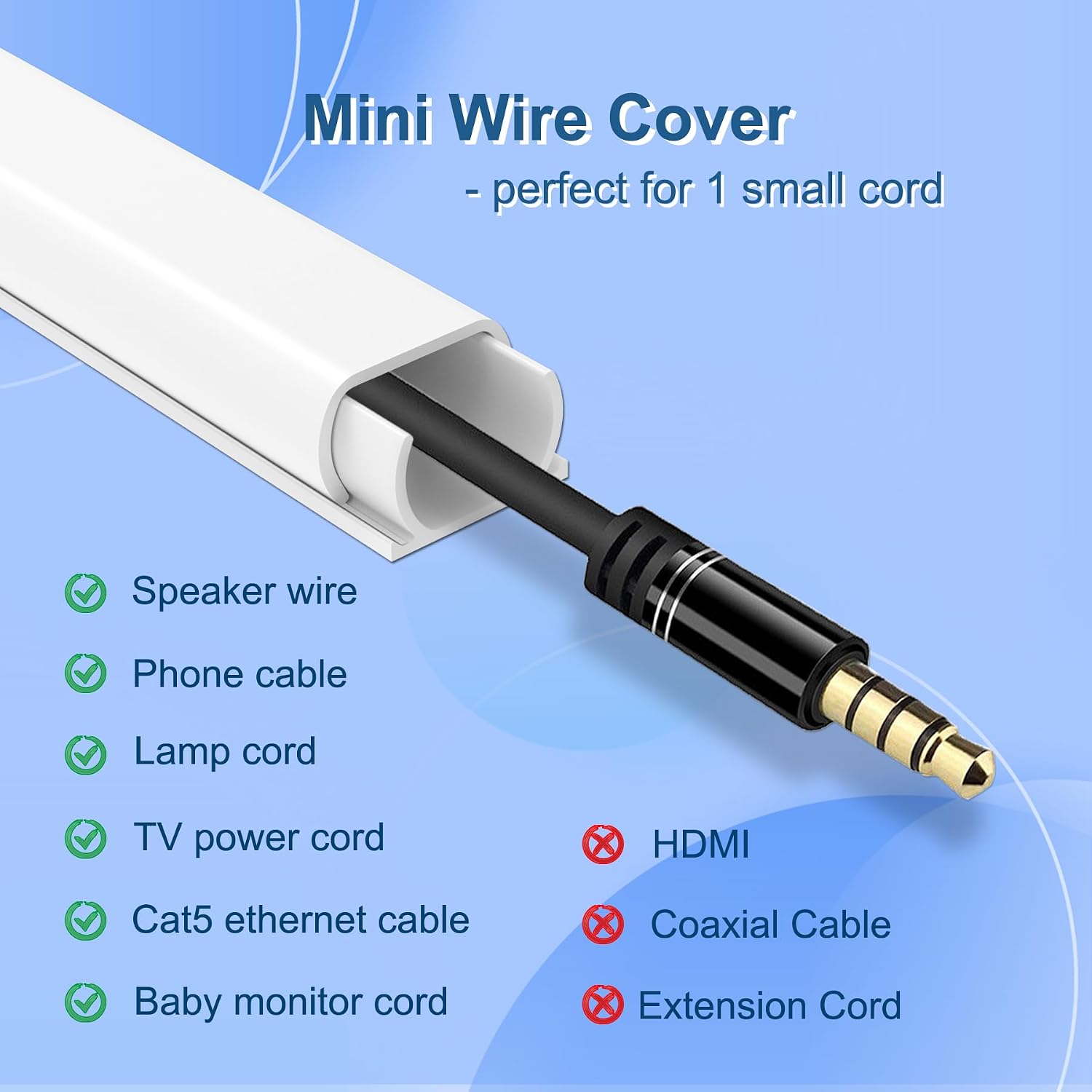 Mini Cable Hider 142" Paintable Cord Cover for Single Cable, White | 142-inch paintable mini cable hider conceals a single cord for a cleaner wall with easy peel-and-stick installation
