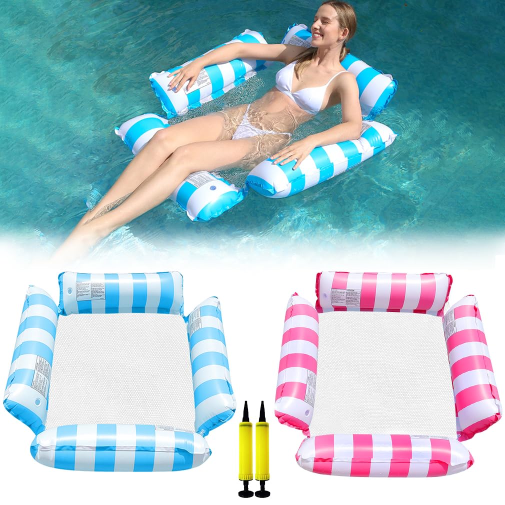 2 Pack Lilo Pool Inflatables4 in 1 Water Hammock With 1 Air Pump, Cool Mesh Adult Swimming Floats Pool Toys Sofa Lounger Chair Seat Mattress for Lazy River Beach Kids Adults