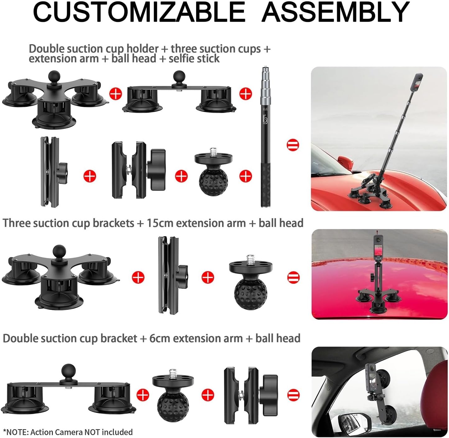 Suction Car Mount for Insta360 X5/X4/X3/X2/GO 3/ONE/RS & GoPro Max with 59" Lockable Selfie Stick - 5 Suction Cup Camera Mount for 360° Action Vlogging, DSLR and Sports Cameras (Indoor Outdoor Use)