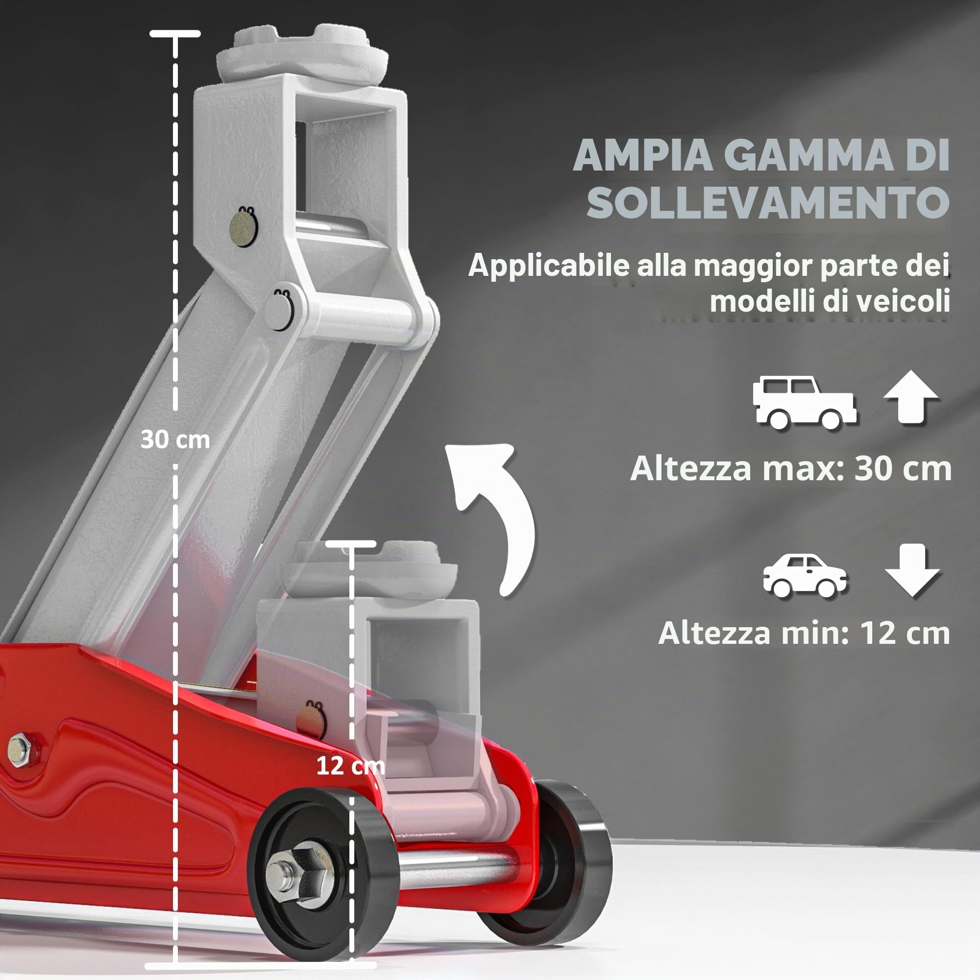 HOMCOM Martinetto idraulico a basso profilo in robusto acciaio, Carico massimo 2000 kg, Capacità di sollevamento da 12 a 30 cm, rosso