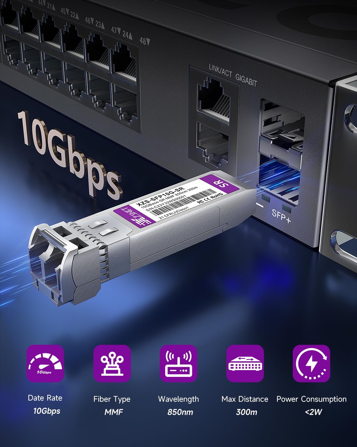 Lot de 4 émetteurs-récepteurs SFP+ 10GBASE-SR SFP+, module fibre multimode 10 G SFP+ vers LC compatible avec Cisco SFP-10G-SR, Ubiquiti UniFi UF-MM-10G, Mikrotik S+85DLC03D, Meraki, Netgear, D-Link et