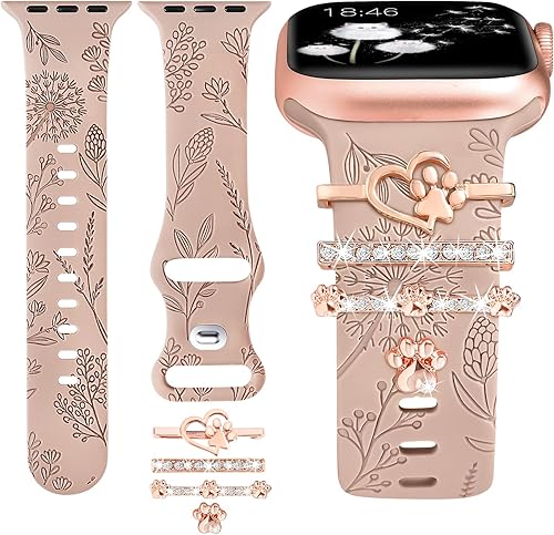 Minyee Compatible con Apple Watch Banda con Encantos para Mujeres 41mm 40mm 38mm 42mm 44mm 45mm 49mm Anillos Decorativos en Forma de Flor Grabados
