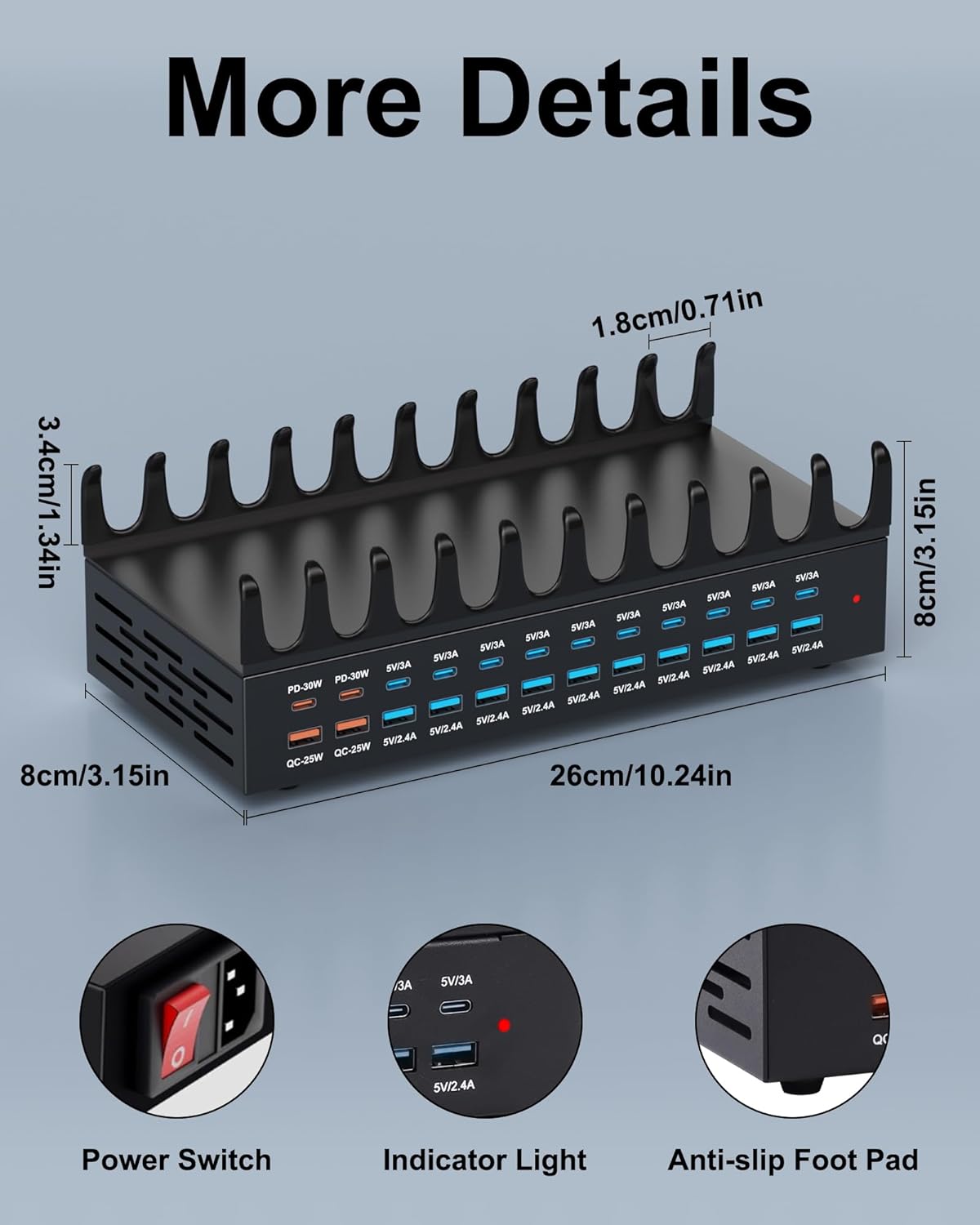 420W Charging Station for Multiple Devices - 24 Ports USB Fast Charging Station with 30W Power Delivery, Multi Charger Dock for Phone Tablet, Home, Office, School - Image 7