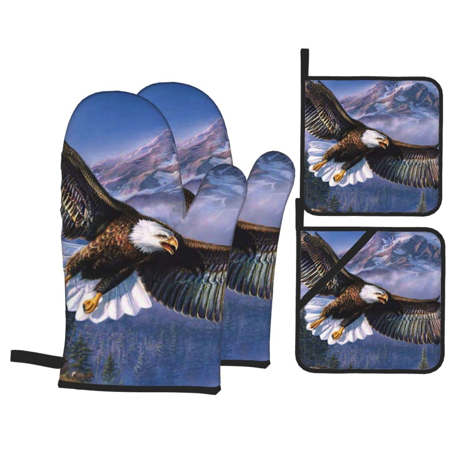 Flying Eagle Print Kitchen Baking Four Piece Set of Heat Resistant Thick Cotton Oven Mitts for Cooking, Baking and Grilling