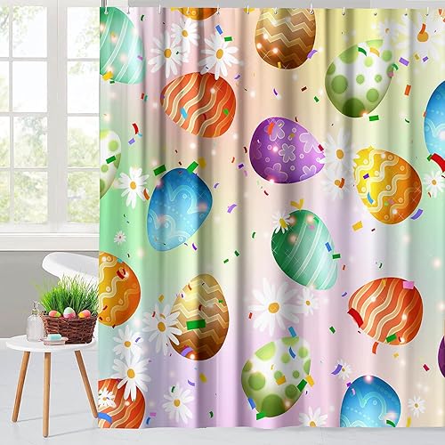Nttopship Cortina de ducha de Pascua con huevos de Pascua, cortina de ducha con margaritas para baño, cortinas coloridas de primavera, decoración de