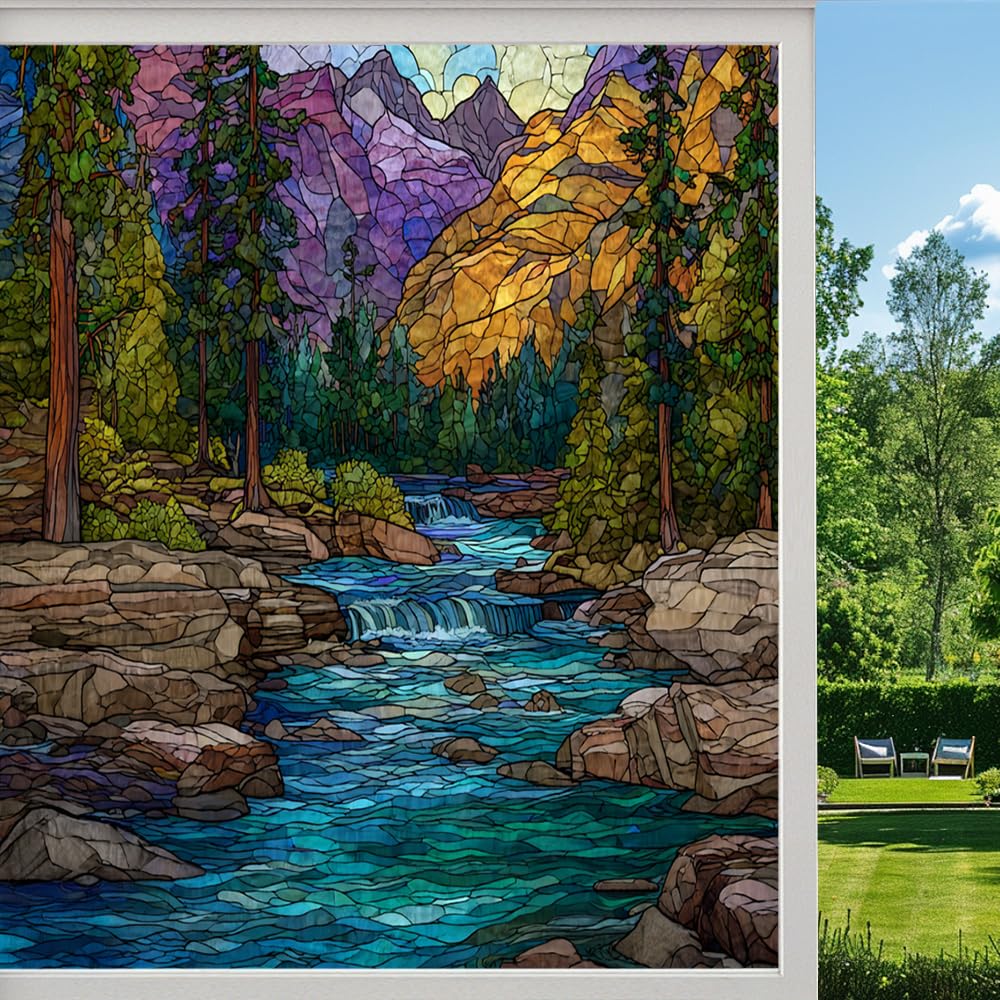 Abstract Stream Landscape Stained Glass Window Film, Colorful Mountain River Peel and Stick Privacy Film, Frosted Adhesive Vinyl Decorative for Bathroom Windows Glass Doors, （90x140cm）