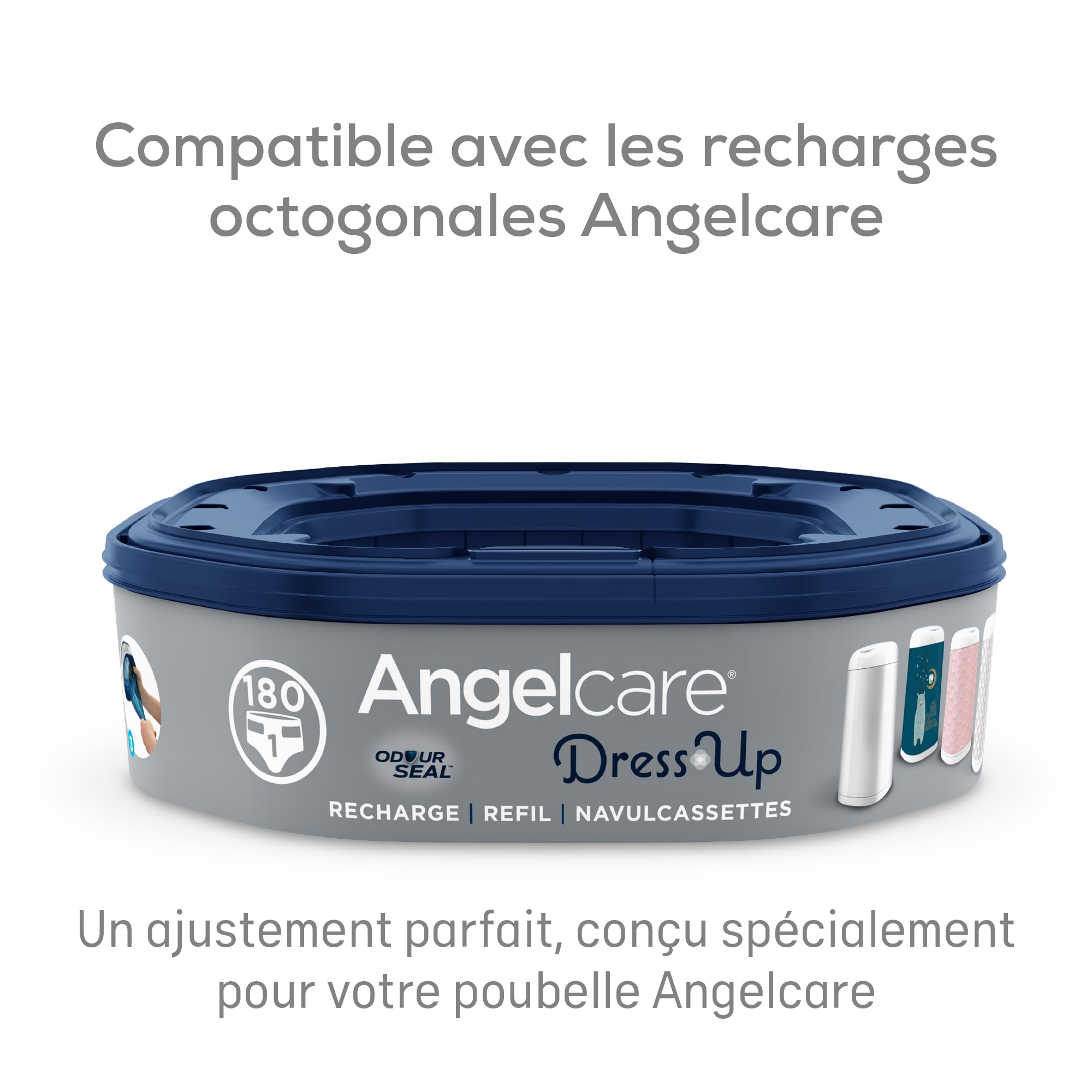 Angelcare Poubelle à Couches + 3 Recharges Anti Odeurs/Grande Capacité Antibactérien Usage Simple Dress Up, Blanc