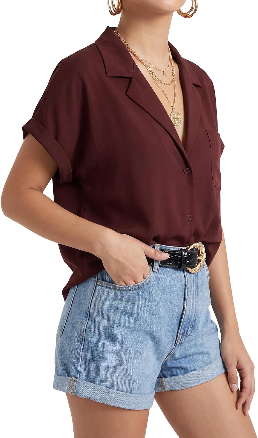 Rooscier Women's Short Sleeve Collared V Neck Button Down Business Casual Blouse Tops with Pocket