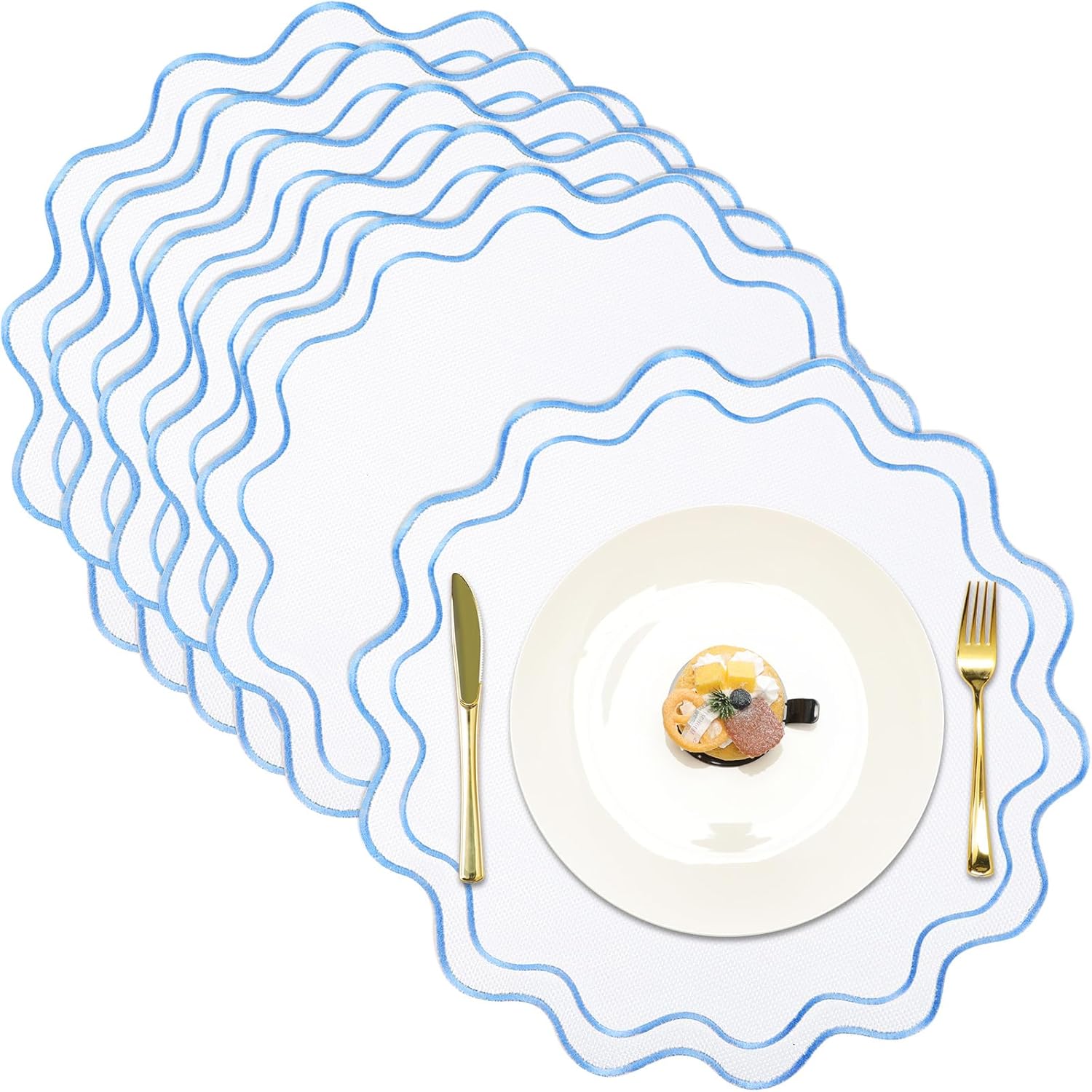 Set of 6 Round Cotton Linen Placemats, 14 Inch Wavy Embroidery Round Placemats Washable Double Layered Rustic Dinner Quilted Decor Fabric for Hotel Restaurant Kitchen(White with Blue)