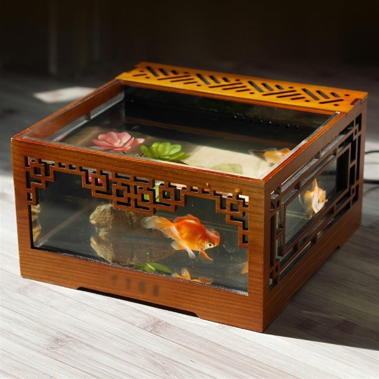 Réservoir Poissons D'aquarium Fish Tank Acrylique Transparent Aquarium Réservoir Chinois Vintage Amovible Bureau Écologique Intérieur Ornements
