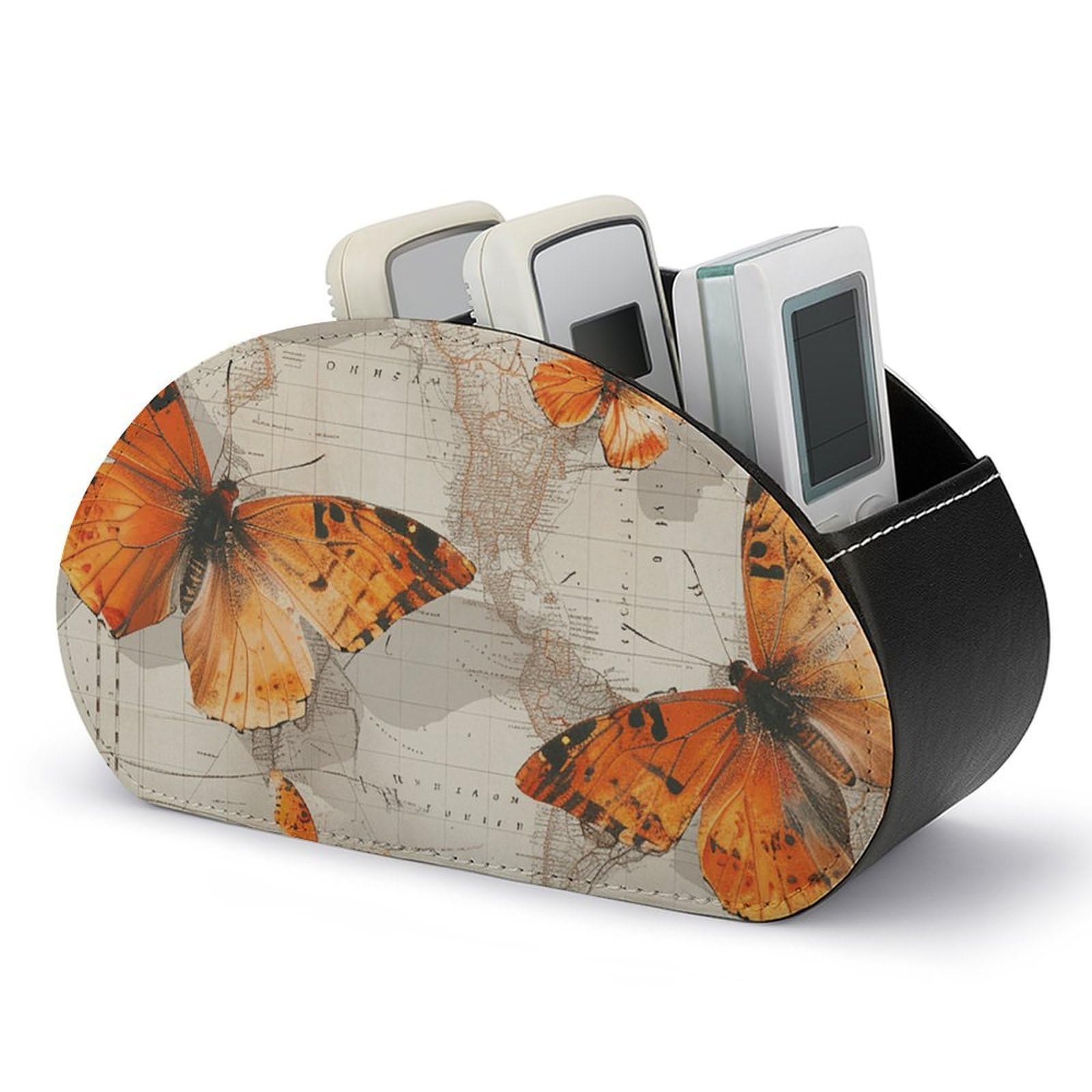 Realistic Orange Butterfly Remote Control Holder with 5 Compartment Organizer Box, Leather TV Remote Holder Organizer Caddy for Table, PU Leather Remote Box for Nightstand Office Desk Storage Box