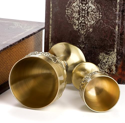 Miniatura 5 de DEAYOU Paquete de 2 mini copas de cáliz vintage, copa de comunión dorada en relieve de flores, apta para alimentos, resistente copa de vino de latón