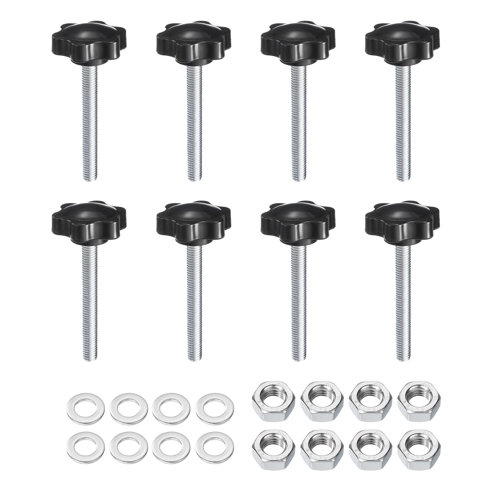 sourcing map 8pcs Star Clamping Knobs with Nuts Washers, M8 x 60mm Metric Zinc Plated Carbon Steel Male Thread 38mm 6-Star Plastic Head, Threaded Stud Hand Knobs Handles Thumb Screws, Black