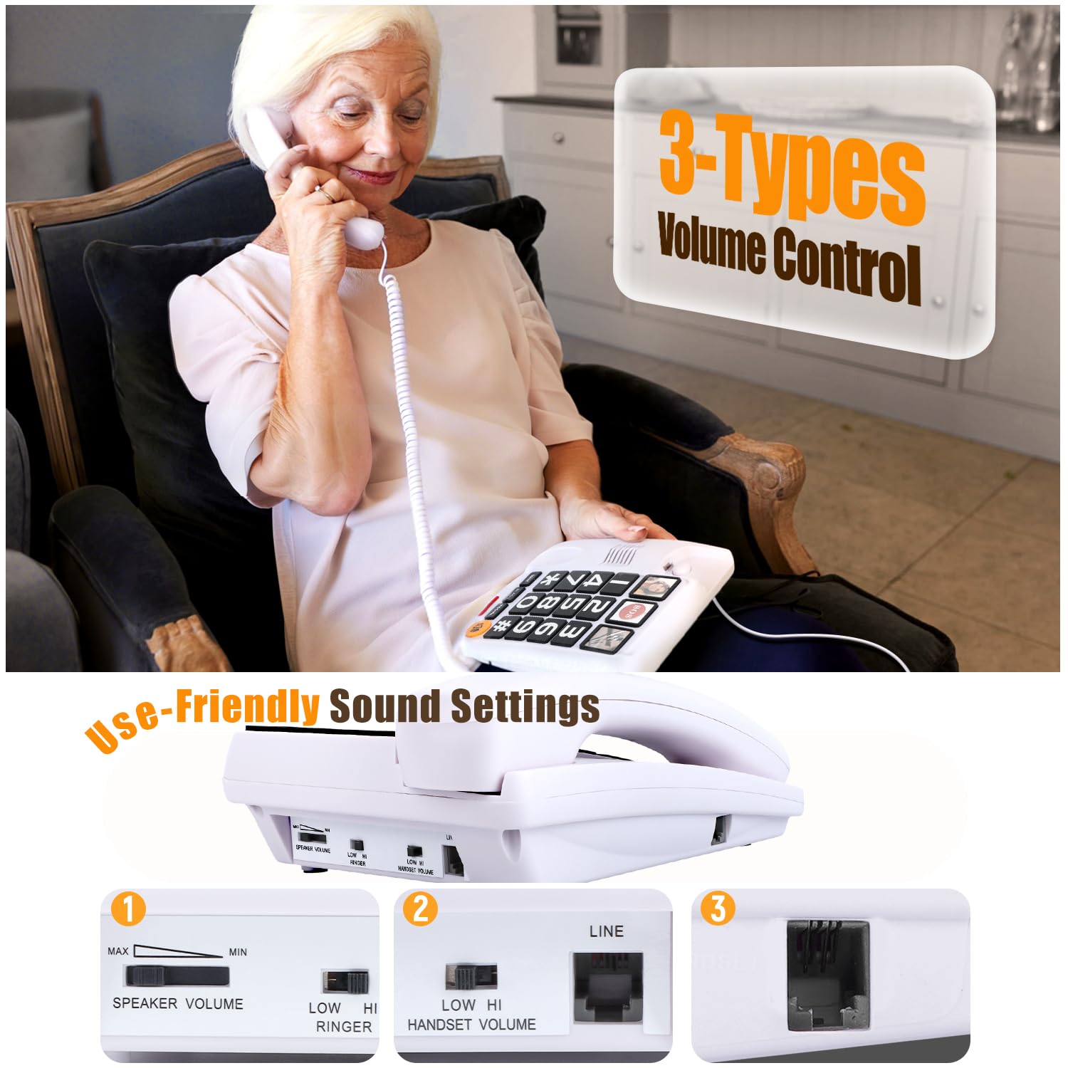 Telefono con pulsante grande per anziani, telefoni fissi con filo per anziani con 2 pulsanti di composizione one-touch, telefono fisso con pulsante di emergenza SOS/suoneria forte - bianco