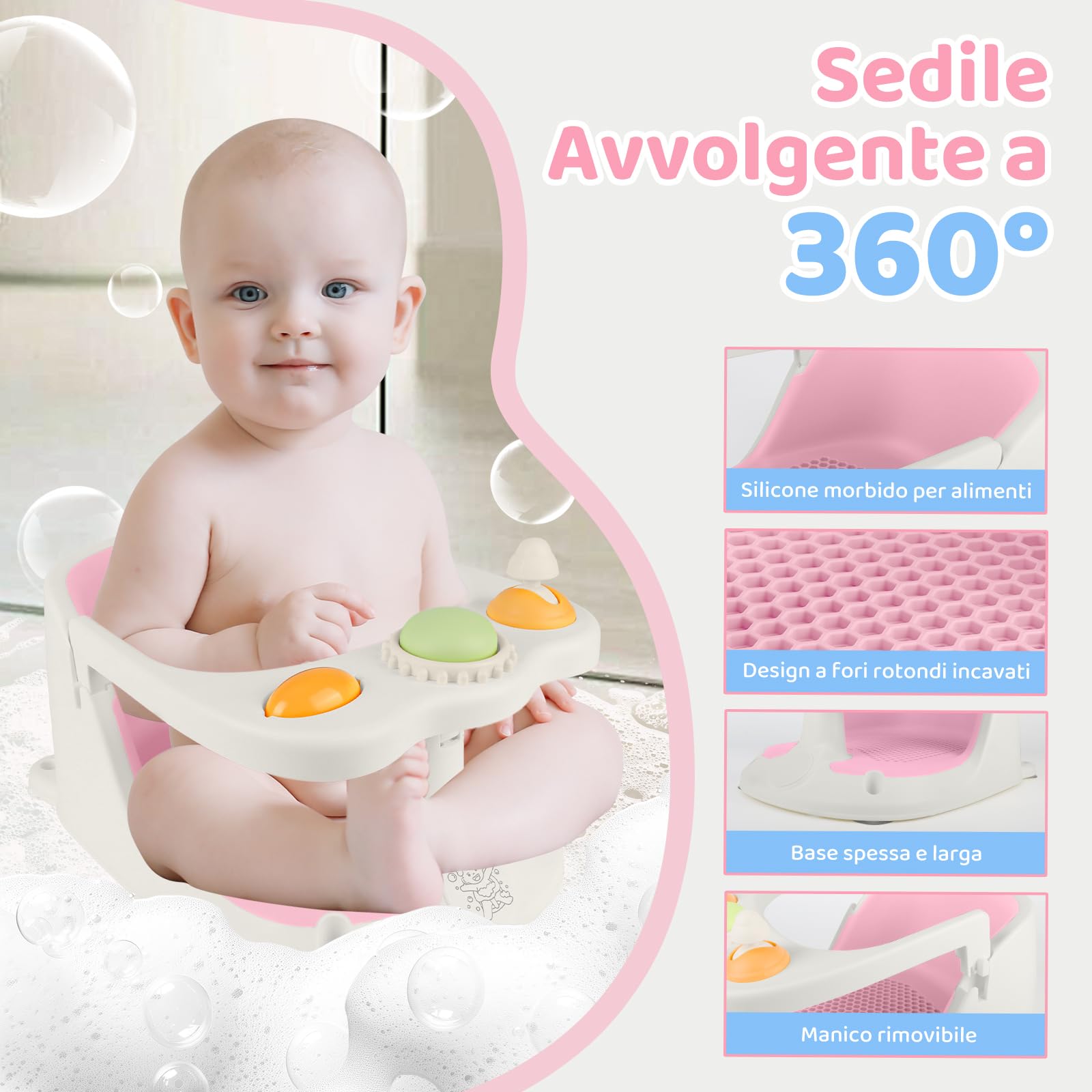 Aragallant Seggiolino da Bagno per Bambini 6 mesi+, Seggiolino Antiscivolo per Vasca da Bagno, Sedia da Bagno con Giocattoli, Seggiolino per Doccia Bambini con Ventose (Rosa)