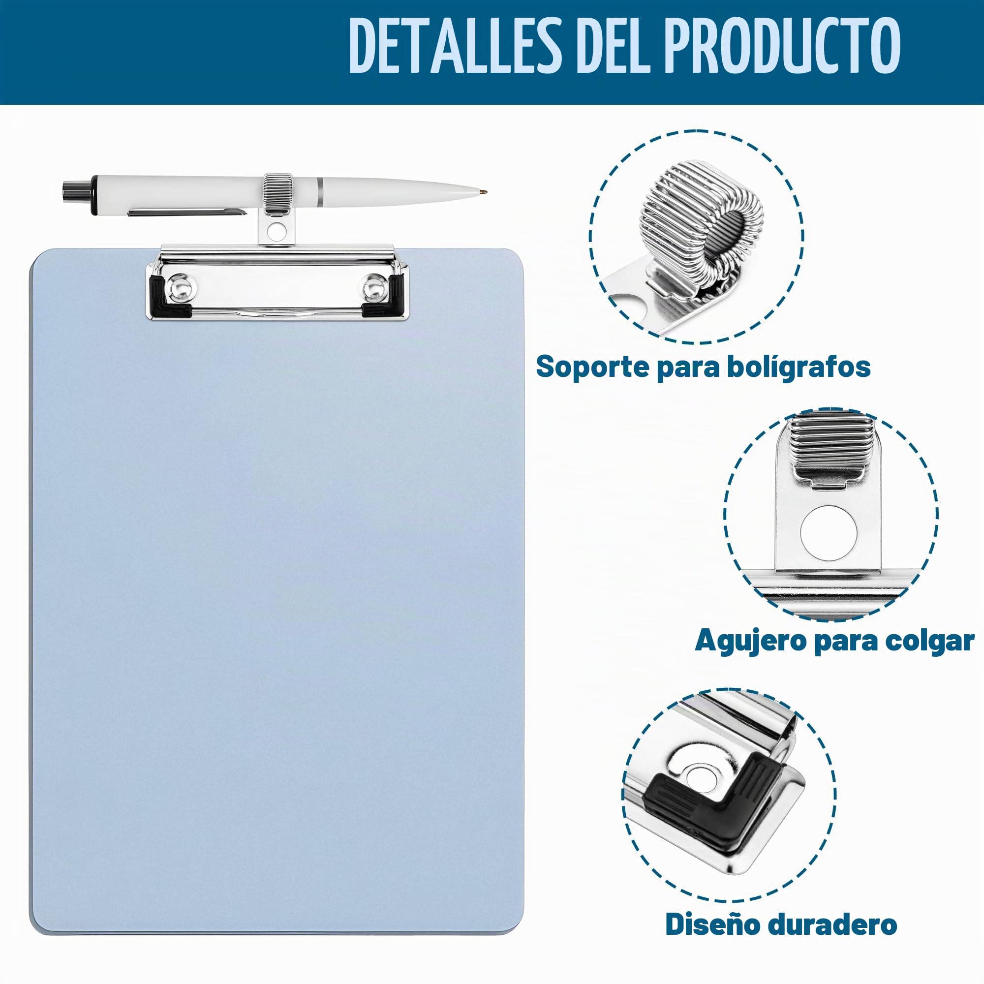 Meetory 10 Clips Portapapeles con Soporte Bolígrafos, Pinzas Metalicas A3 A4 A5, Clips Portadoocuments para Fijación en el Portapapeles Frontal, Agujero para Colgar, para Oficina, Escuela, Papelería