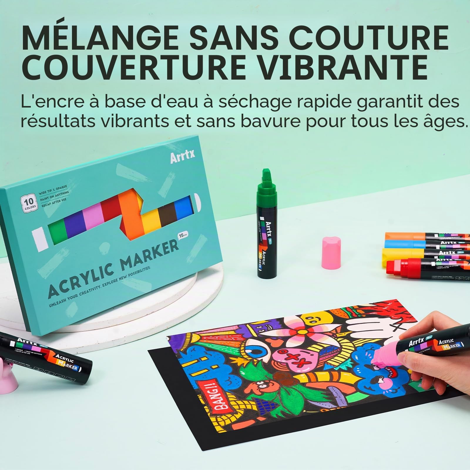 Arrtx Lot de 10 marqueurs de peinture acrylique à pointe feutre de 15 mm, marqueurs permanents pour le tag, panneaux, loisirs créatifs