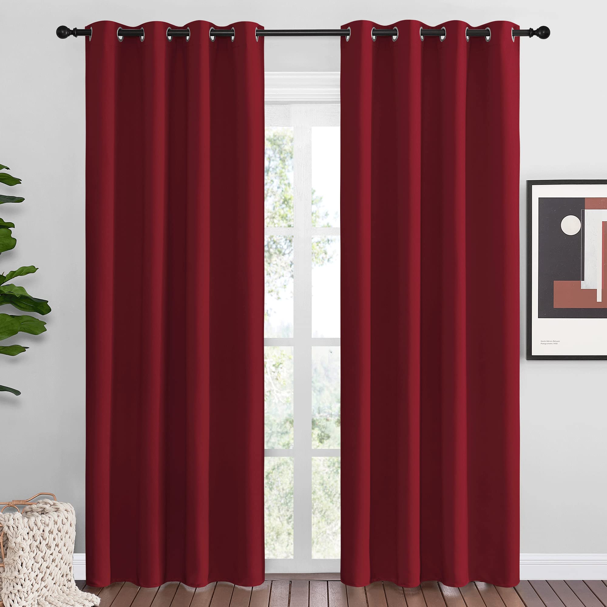NICETOWN Christmas Burgundy Blackout Curtains Grommet - Home Decorations Thermal Insulated Solid Grommet Top Blackout Living Room Panels/Drapes for Gift (1 Pair, 55 x 86 inches, Red)
