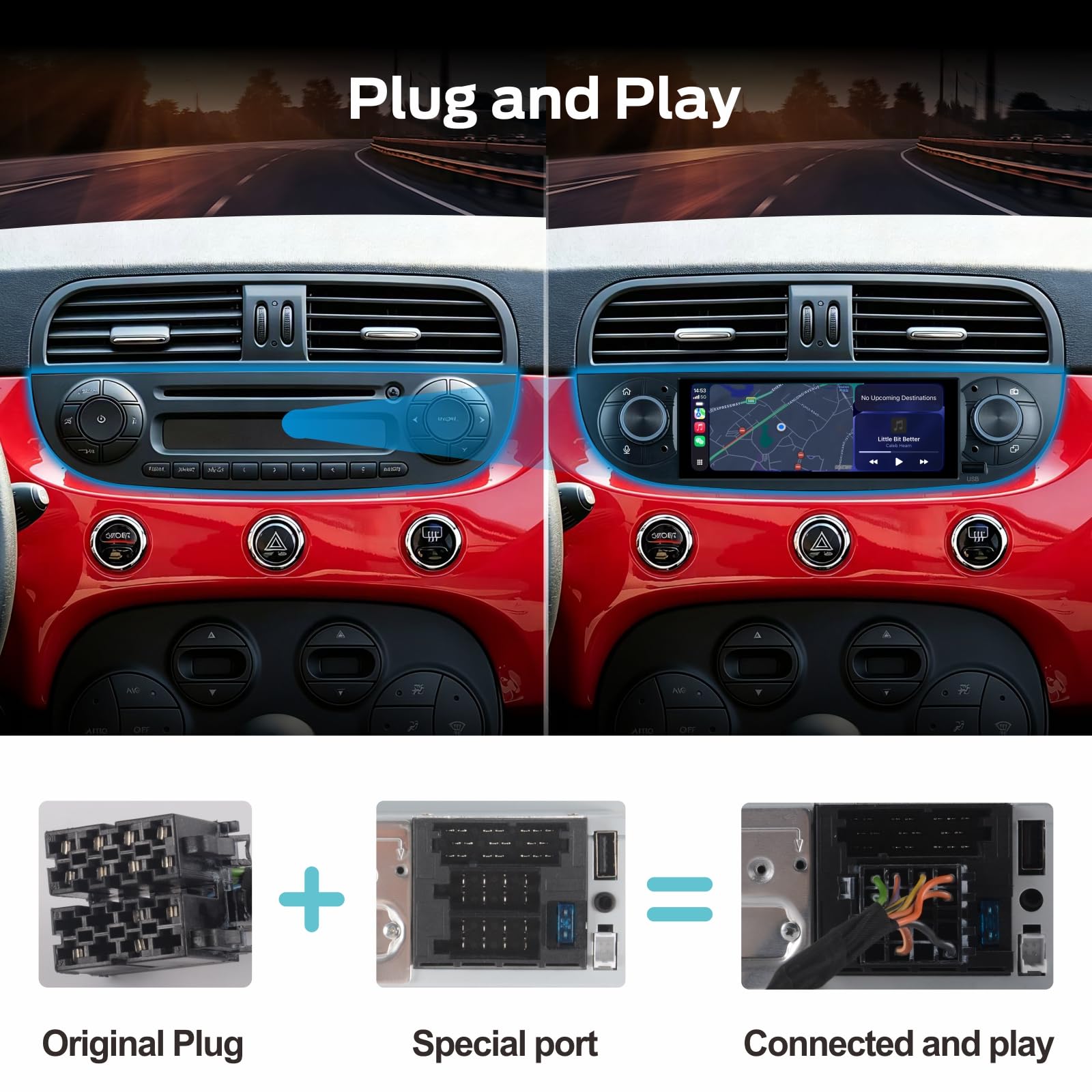 Autoradio Linux per Fiat 500 2007-2015 con CarPlay Wireless e Android Auto, avvio in 2 secondi, comandi fisici tramite manopola, audio di livello OEM, Porta ISO Plug & Play, Nero