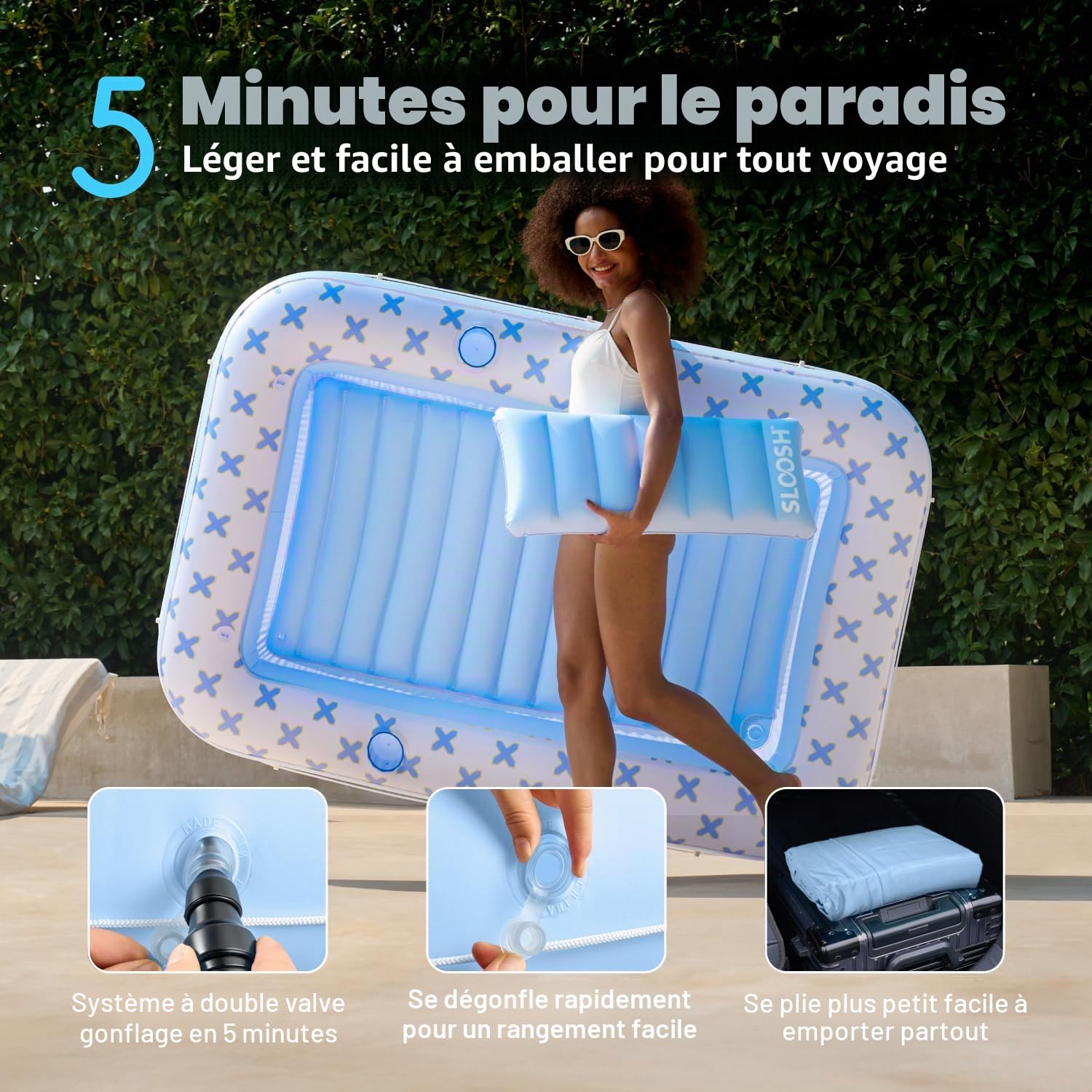 SLOOSH Chaise longue gonflable pour bronzage avec coussin, 178 cm x 117 cm, flotteur de piscine pour adultes, radeau de bain au soleil 4 en 1, lit de bronzage pour se prélasser dans l'eau, ballon