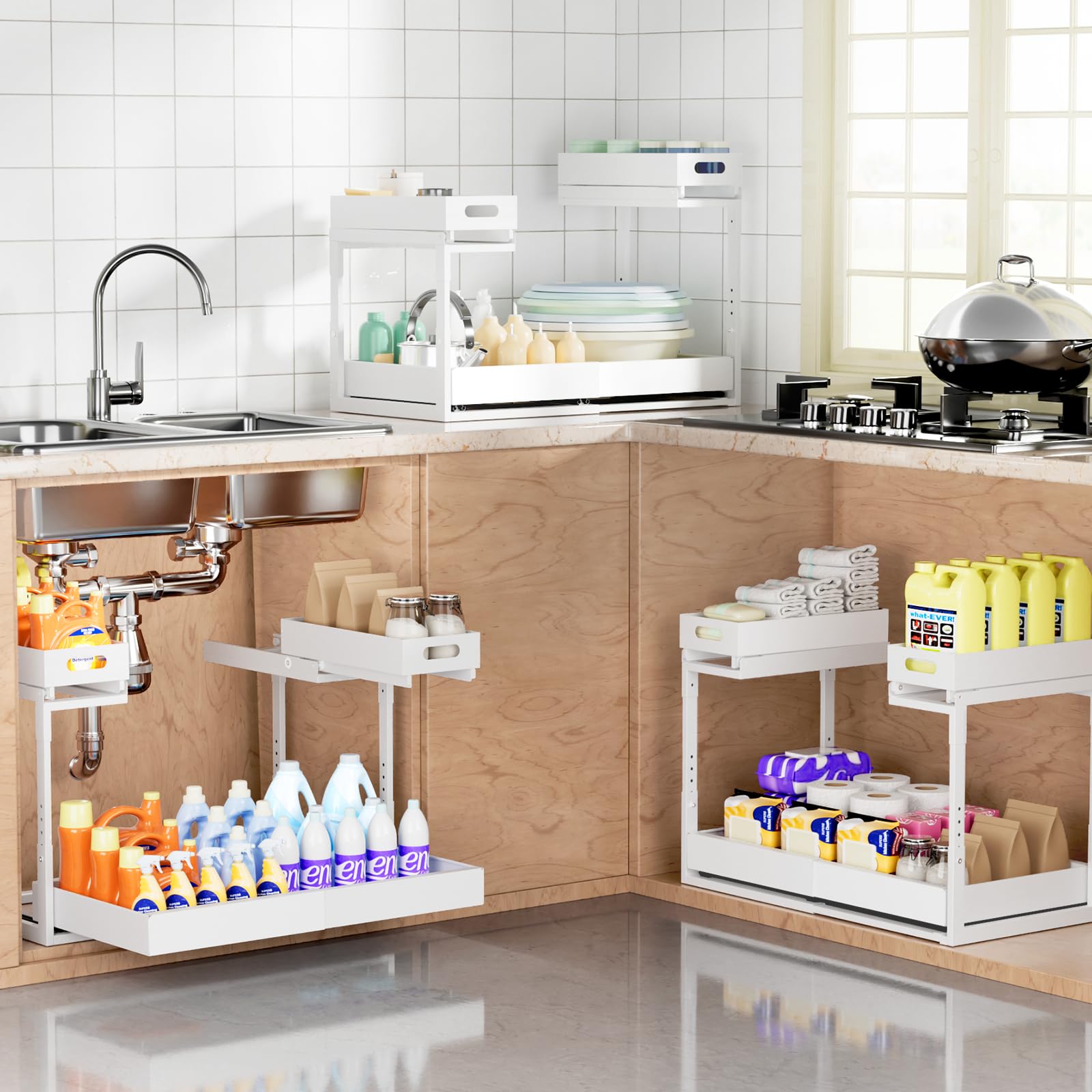 YJHome Upgrade 1 Stück Spülschrank Organizer Ausziehbare, Größe Metall Metall Spülenunterschrank Organizer Verstellbare Breite Höhe Under Sink Organizer für Küche, Bad, Unterschrank, Weiß