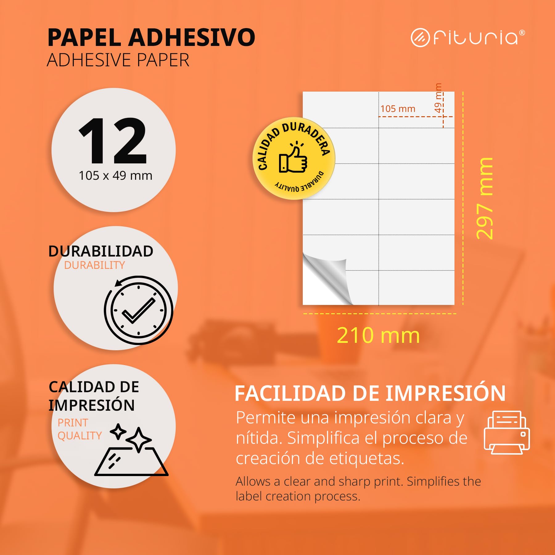 Białe etykiety samoprzylepne A4, stwórz własne naklejki na każdą powierzchnię, bezpieczny samoprzylepny papier A4, etykiety samoprzylepne do drukowania - Ofituria (12 na arkusz, 2000 arkuszy)