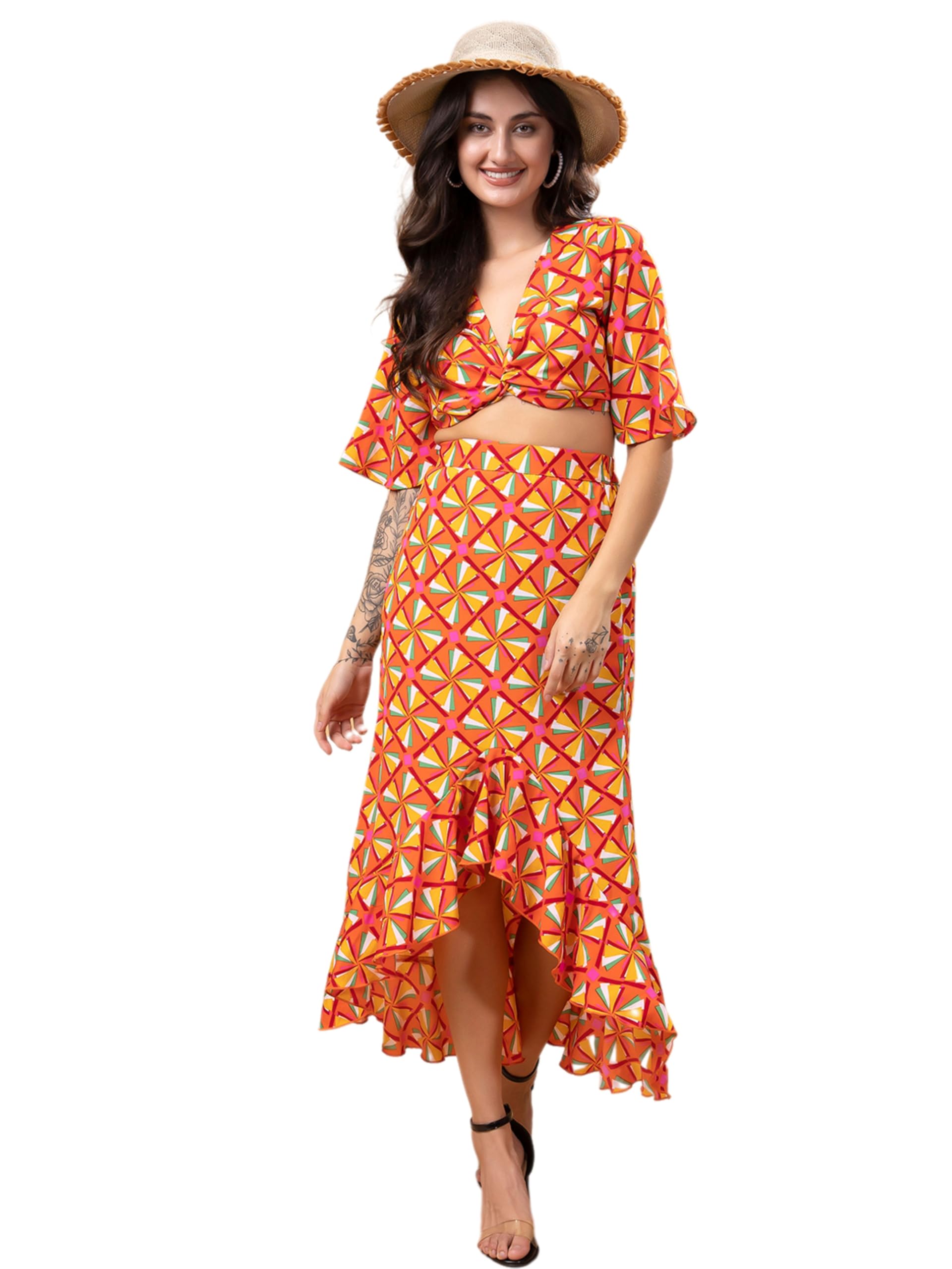popwings Casual Solid Top and Skirt Set for Women | Stylish Western and Casual Geometric Printed Co-Ord Set | Crop Top and Long Slit Skirt Set for Women,Girl-picture-38
