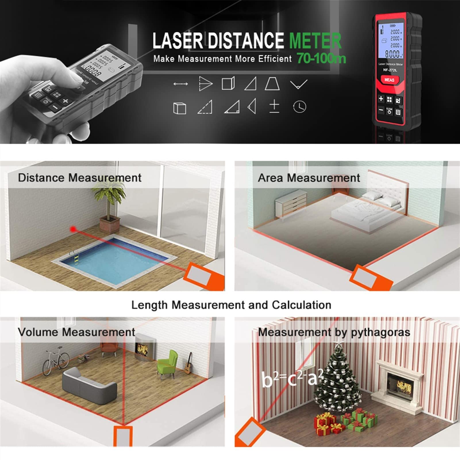 AmAzwi Tester di Rete NF-271 Misuratore di Distanza 40M 80M Roulette Elettronica Telemetro a Nastro Digitale Strumento di Test Professionale for Righello Risultati chiaramente definiti(Size:40m)