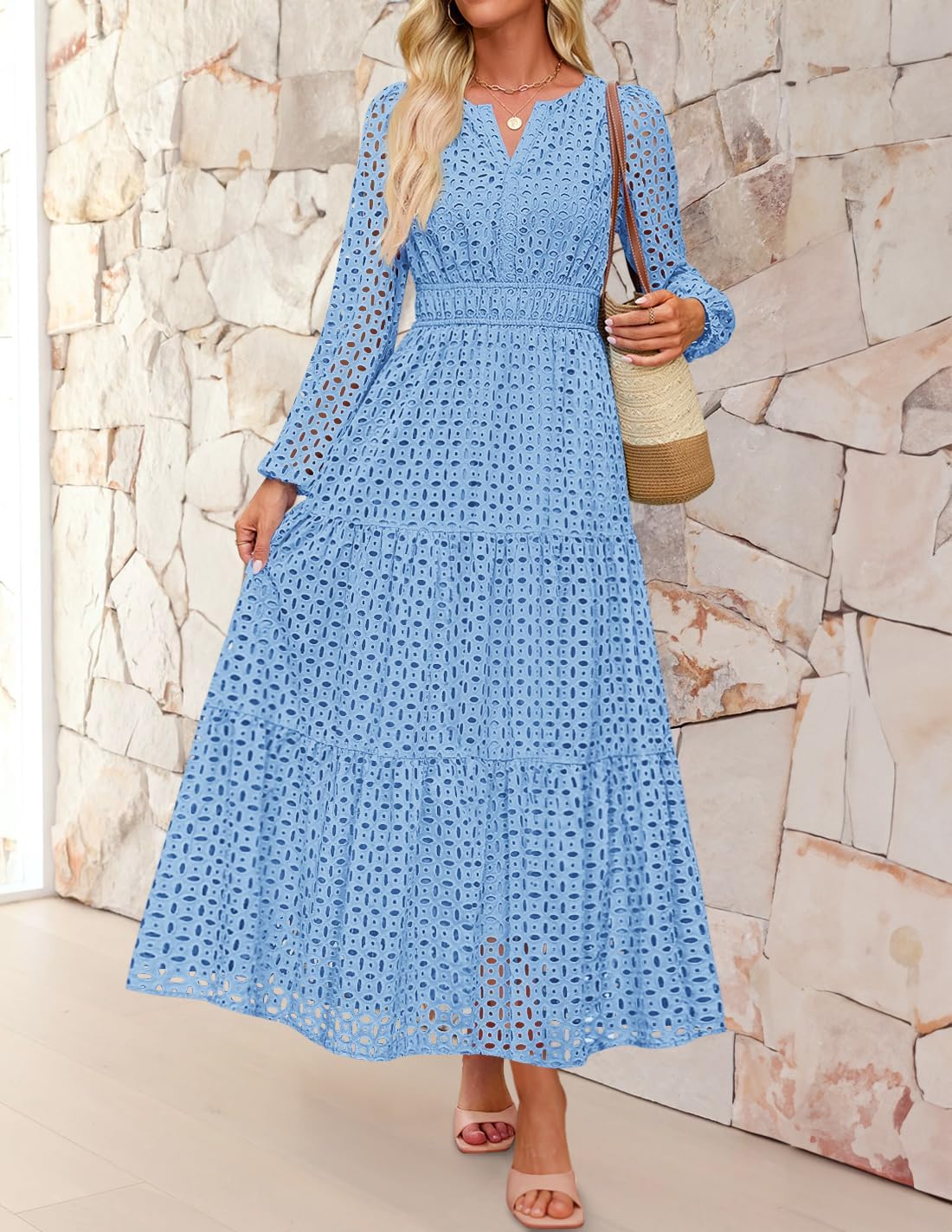 ZESICA Women's 2026 Spring Long Sleeve Maxi Dress V Neck Hollow Out Eyelet A Line Long Flowy Casual Party Dresses - Image 2