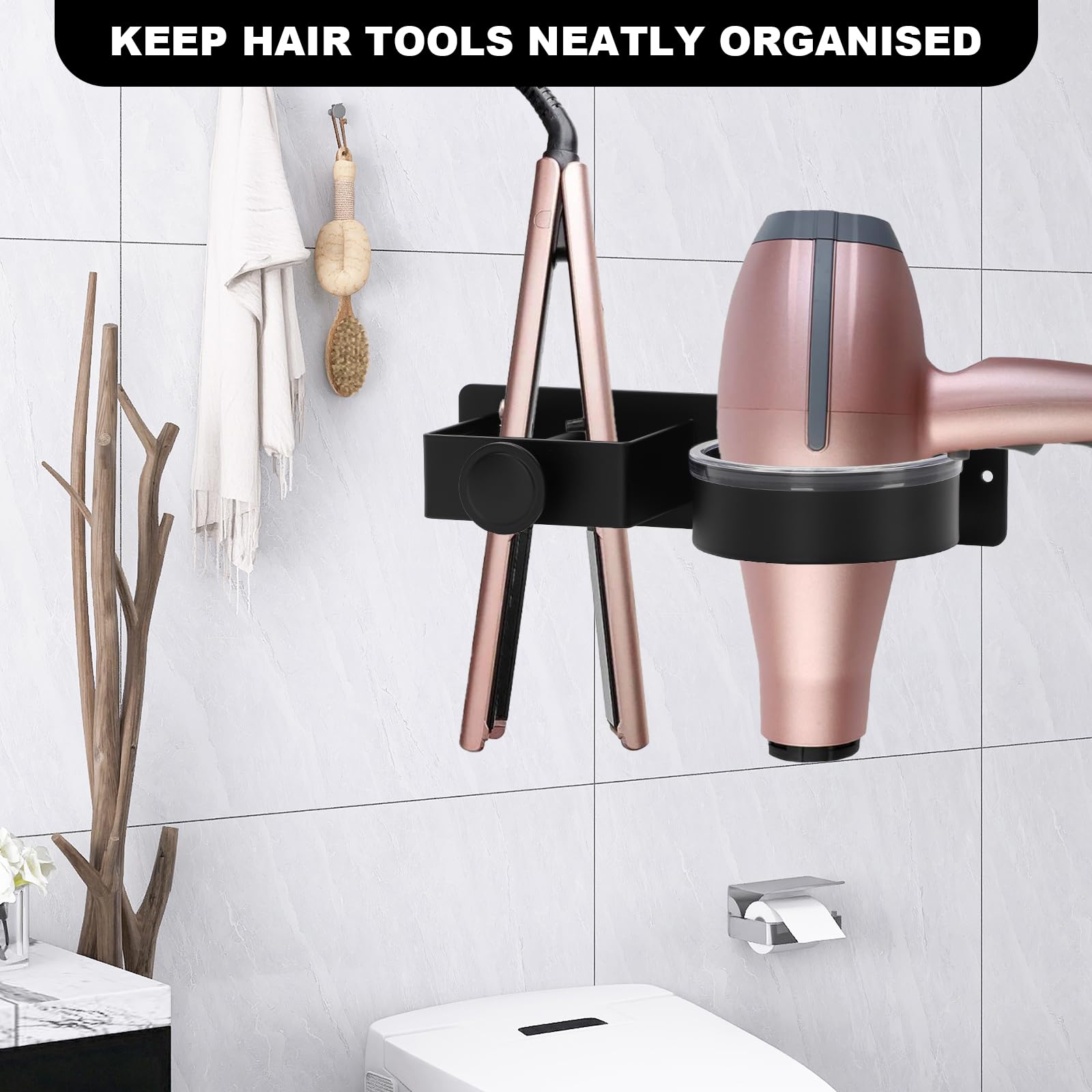 Tefola Hair Dryer Holder Wall Mount, Aluminum Bathroom Organizer with Silicone Pad, 8.3 x 2.4 x 2 inches, Black