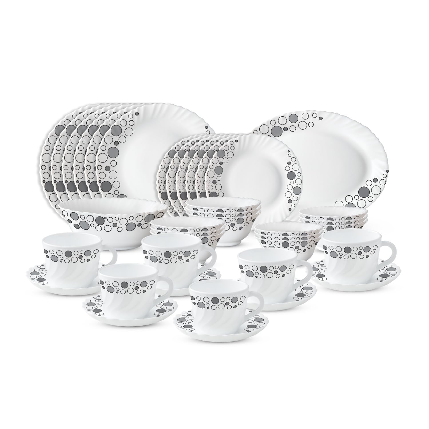 LARAH PLANO OPAL DINNER SET LUNA, 38DSPL01-SB, 38 PC SET (6 x Dinner plate, 6 x Side plate, 6 x Soup Bowl, 6 x Bowl, 6 x Cup, 6 x Saucer, 1 x Serving Bowl, 1 x Oval Platter)