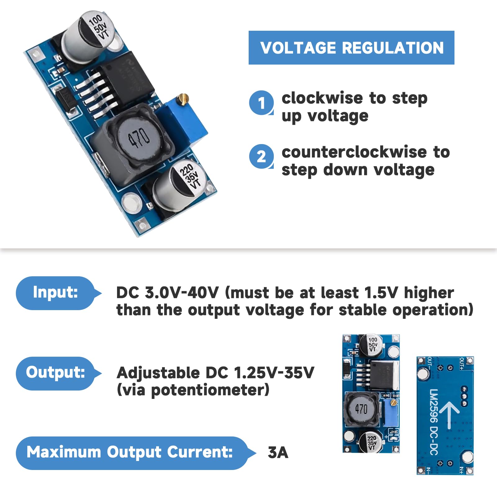 5 Stück DC-DC Buck Converter – LM2596 Step Down Modul, 3,2-46V Auf 1,25-35V Einstellbar, 3A, Mit Überstrom- & Hitzeschutz, Für LED, Arduino, Kfz