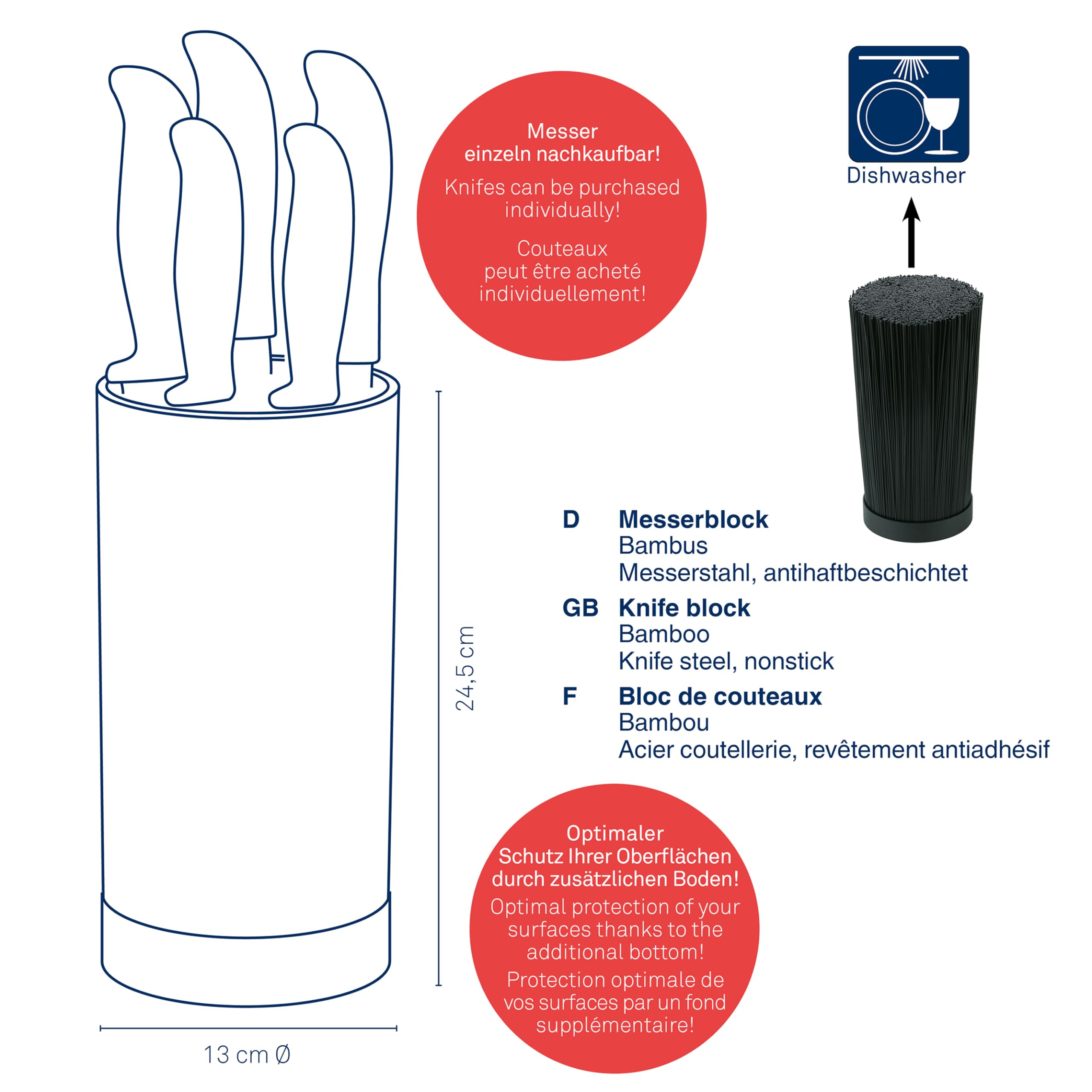 kela Bloque para cuchillos con juego de cuchillos ACIDA, 5 cuchillos, madera de bambú Soporte para cuchillos con inserto de cerdas, Ø 13 cm, negro