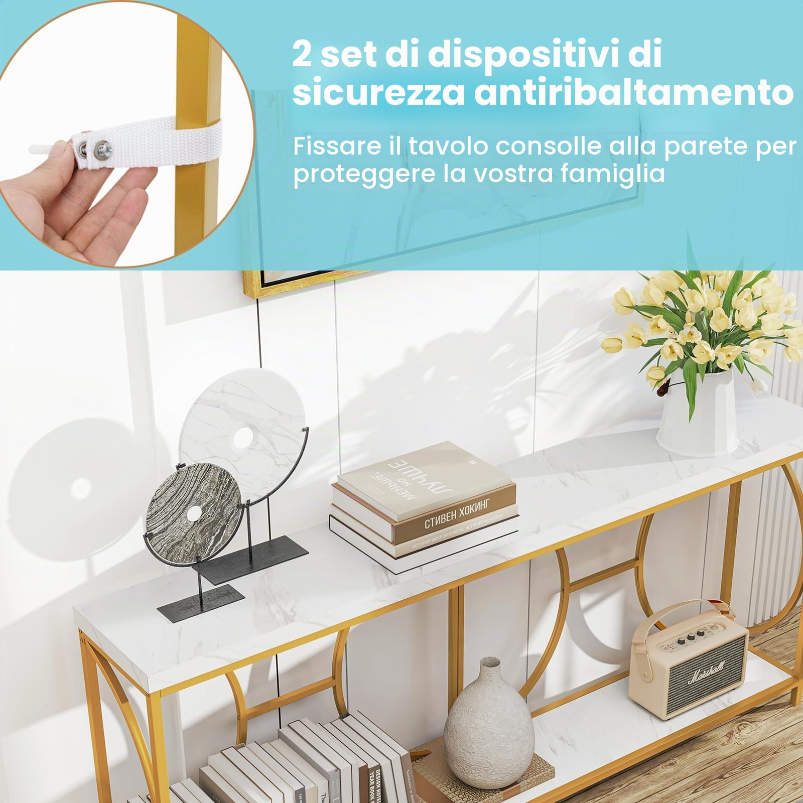 LIFEZEAL Consolle Ingresso Dorato, Lungo, 180x30x80cm, Tavolo Consolle a 2 Ripiani, con Effetto di Marmo, Moderno, Decorativo, Console Entrata, Corridoio, in Legno, Metallo, Max 50 kg, Oro e Bianco