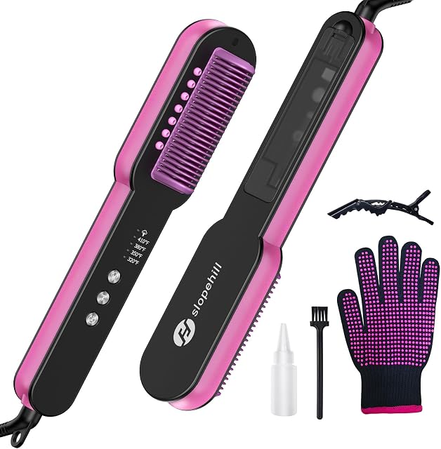 slopehill Steam Hair Straightener Brush – Ionic Steam Straightening Brush for Smooth, Dual Voltage, Fast Heating, 4 Temperature, Scald-Proof Design