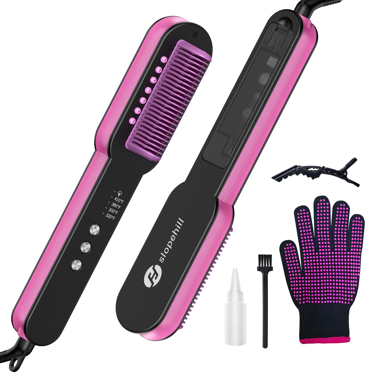 slopehill Steam Hair Straightener Brush – Ionic Steam Straightening Brush for Smooth, Dual Voltage, Fast Heating, 4 Temperature, Scald-Proof Design