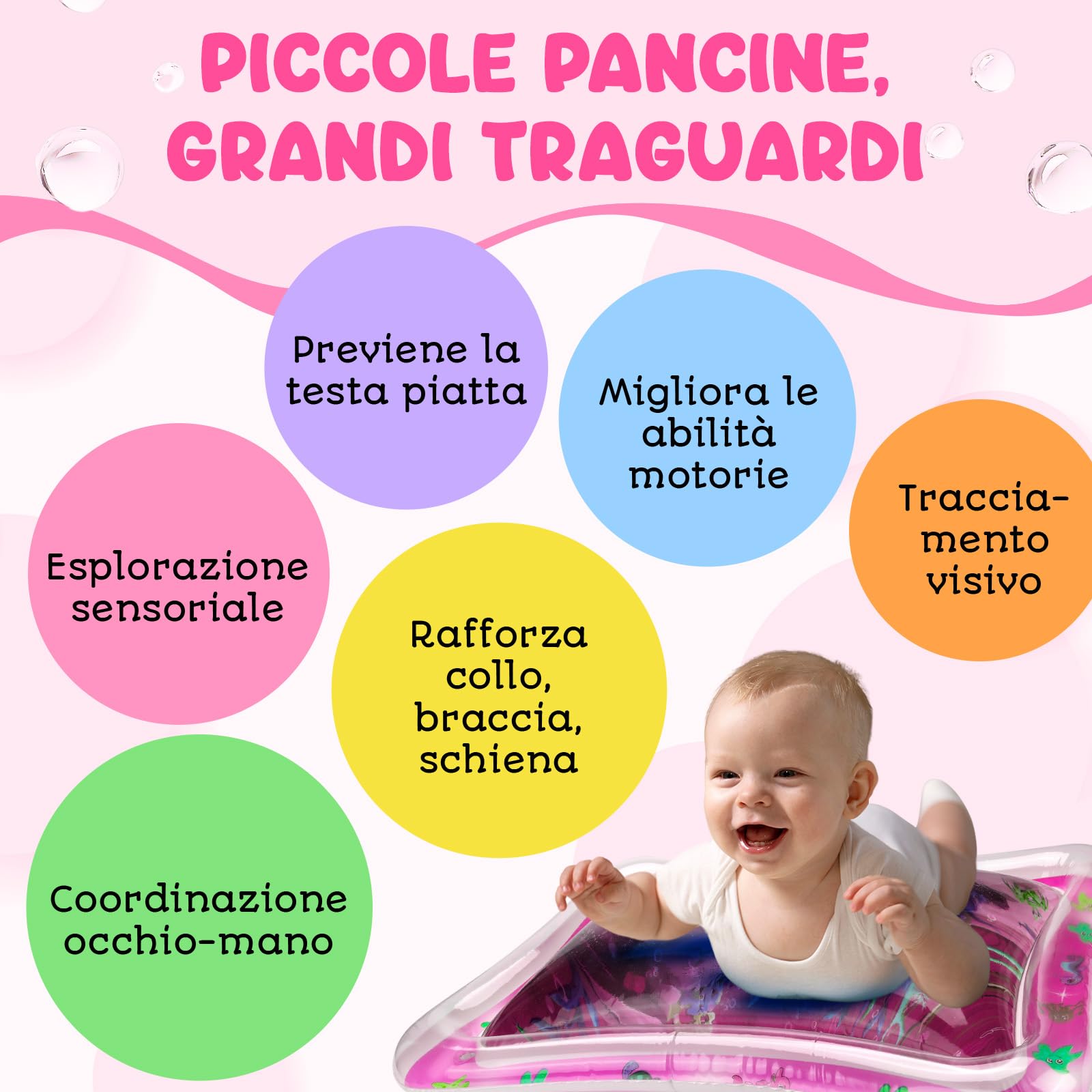 Tappetino Acqua Neonato – Tappeto Sensoriale Gonfiabile per Tummy Time - Gioco Neonati - Tappetino ad Acqua per Bambini 100% Senza BPA - Tappeto Gonfiabile per Neonati – Rosa - Avec Maman
