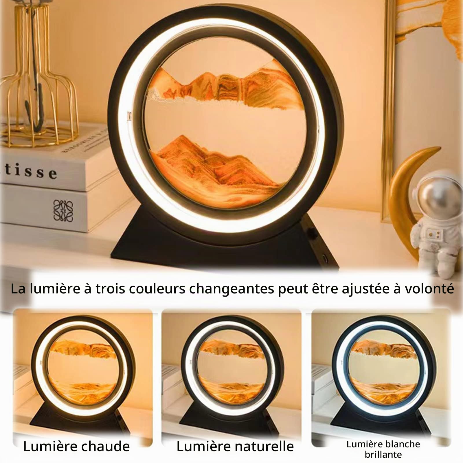 Neioaas Lampe de table 3D en forme de sablier rotatif à 360°, décoration de sablier fluide, lampe de sable mouvant 3D pour adulte, enfant, décoration de bureau (jaune, 25,4 cm
