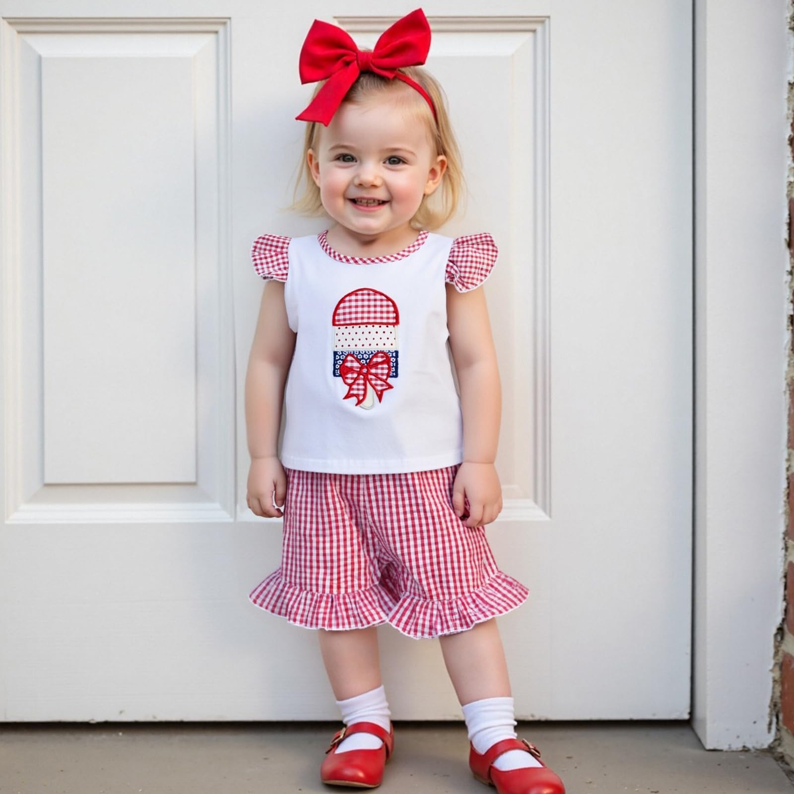 Finegoodwei Kids Girls Shorts Set Fly Sleeve Embroidery Popsicle Vest and Plaid Shorts Summer2-piece Outfit for 4th of July (White, 3-4T)