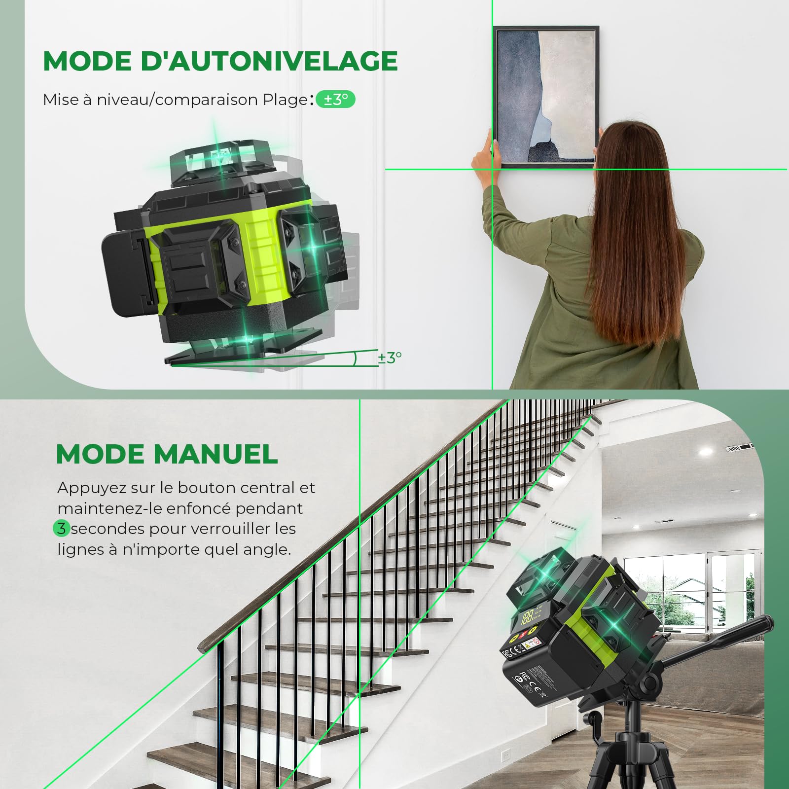 Niveau Laser Chantier Autonivelant 360° x 4, Lazer Niveaux 4D 16 Lignes Laser, Autonivellement et Mode Pulsé Extérieur, 2 x Batterie, Nivellement Automatique, Support Rotatif, Télécommande, Trépied