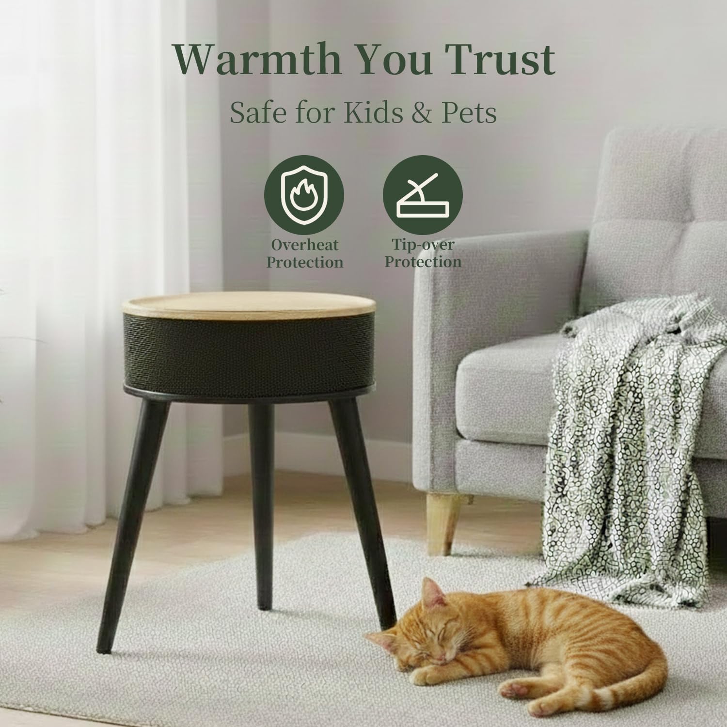 Space Heater, 1500W PTC Ceramic Side Table Heaters for Indoor Use, Electric Heater with Remote, LED Light, ECO Mode, Oscillation, 12H Timer, Overheat & Tip-Over Protection, Black