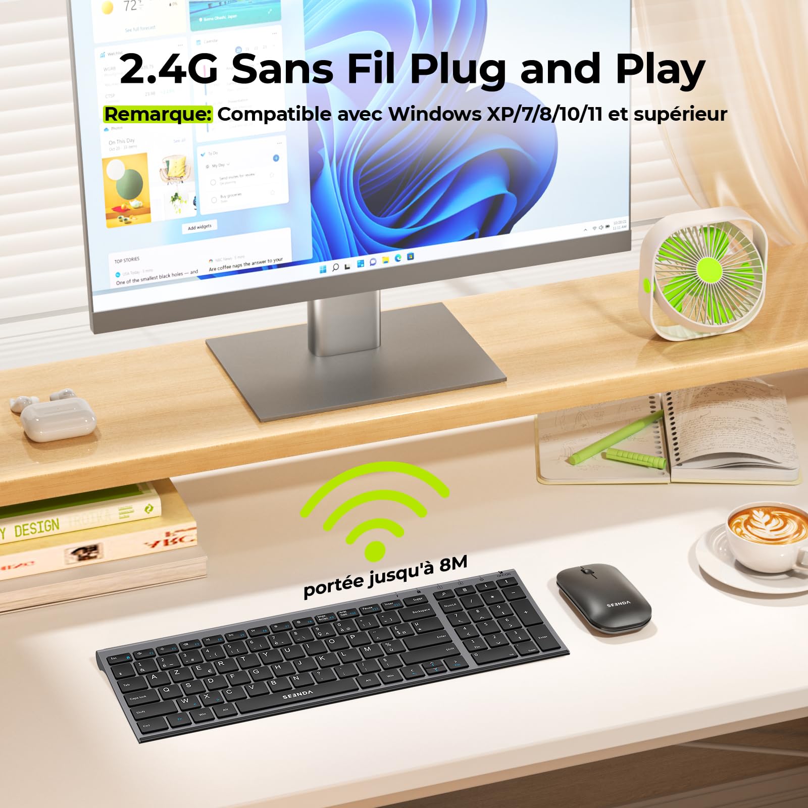 seenda WGJP-031B Combo Clavier et Souris sans Fil Rechargeable | Silencieux, Ultra-Fin, AZERTY Français, 2,4 GHz Récepteur USB, avec Pavé Numérique, pour Windows, PC, Ordinateur Portable