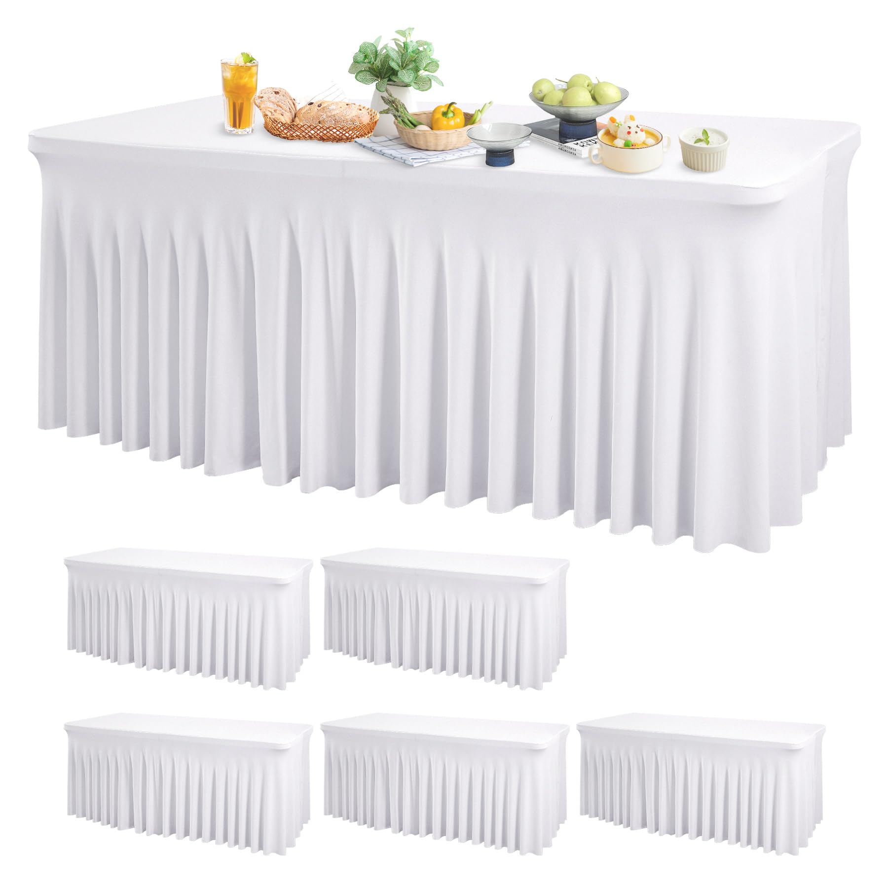 wish care 6 pack white spandex table clothes for 8 foot rectangle tables, 8ft wrinkle free fitted tablecloths ruffles design table cover for party, banquet, wedding and events