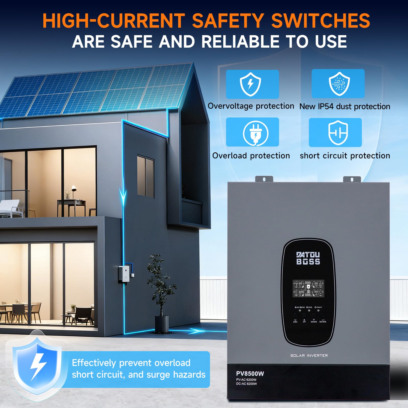 DATOUBOSS Inverter Ibrido Solare 6200W 48V a 230V Onda Sinusoidale Pura, Regolatore MPPT 120A, Compatibile con Batterie al Litio, per Casa, Camper e Impianti Fotovoltaici
