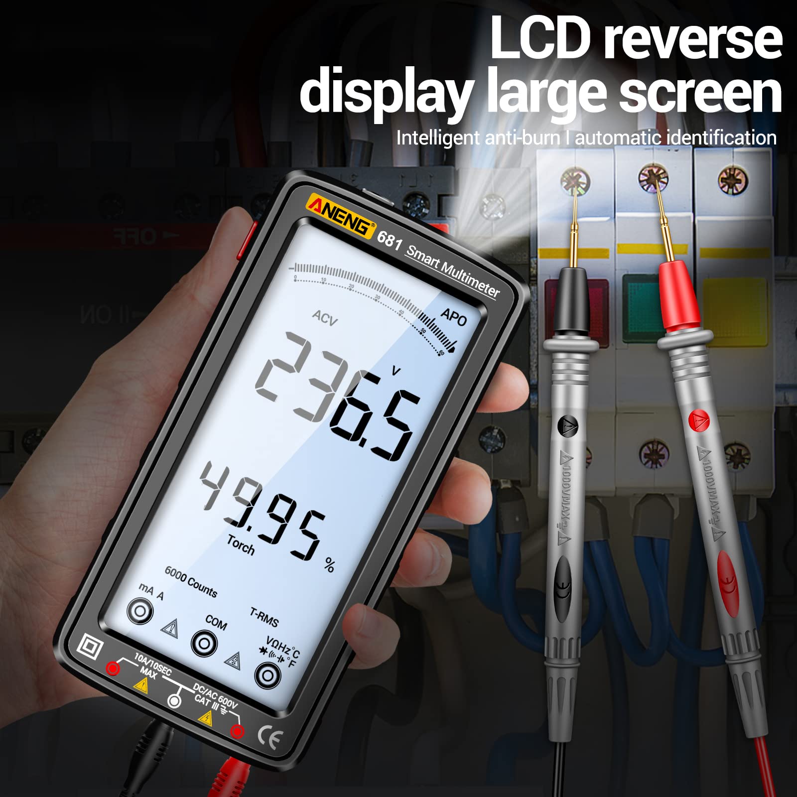 681 6000 Conta Multimetro digitale Smart Anti-burn Ricaricabile Misuratore universale NCV Tester LCD grande da 5 pollici con torcia retroilluminata per tensione Corrente Resistenza acità