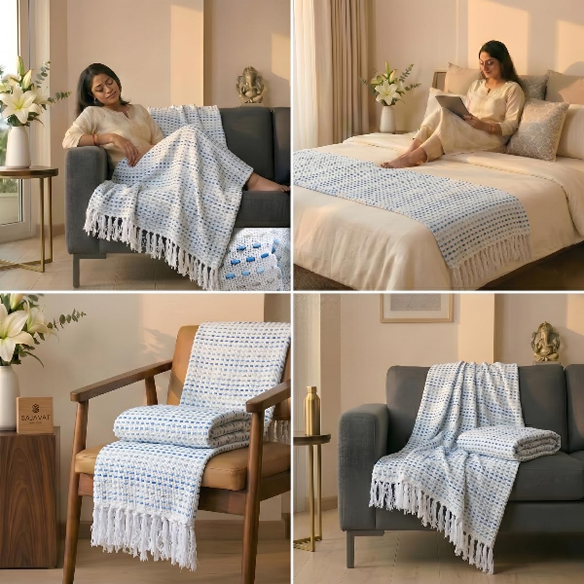 SAJAVAT HOME Hand Knitted Cotton Sofa Throw Blanket | Elegant Neutral All-Season Throw for Sofa, Couch & Bed | Soft Lightweight Knitted Design with Tassels | 80×52 Inches (204×132 cm) 4