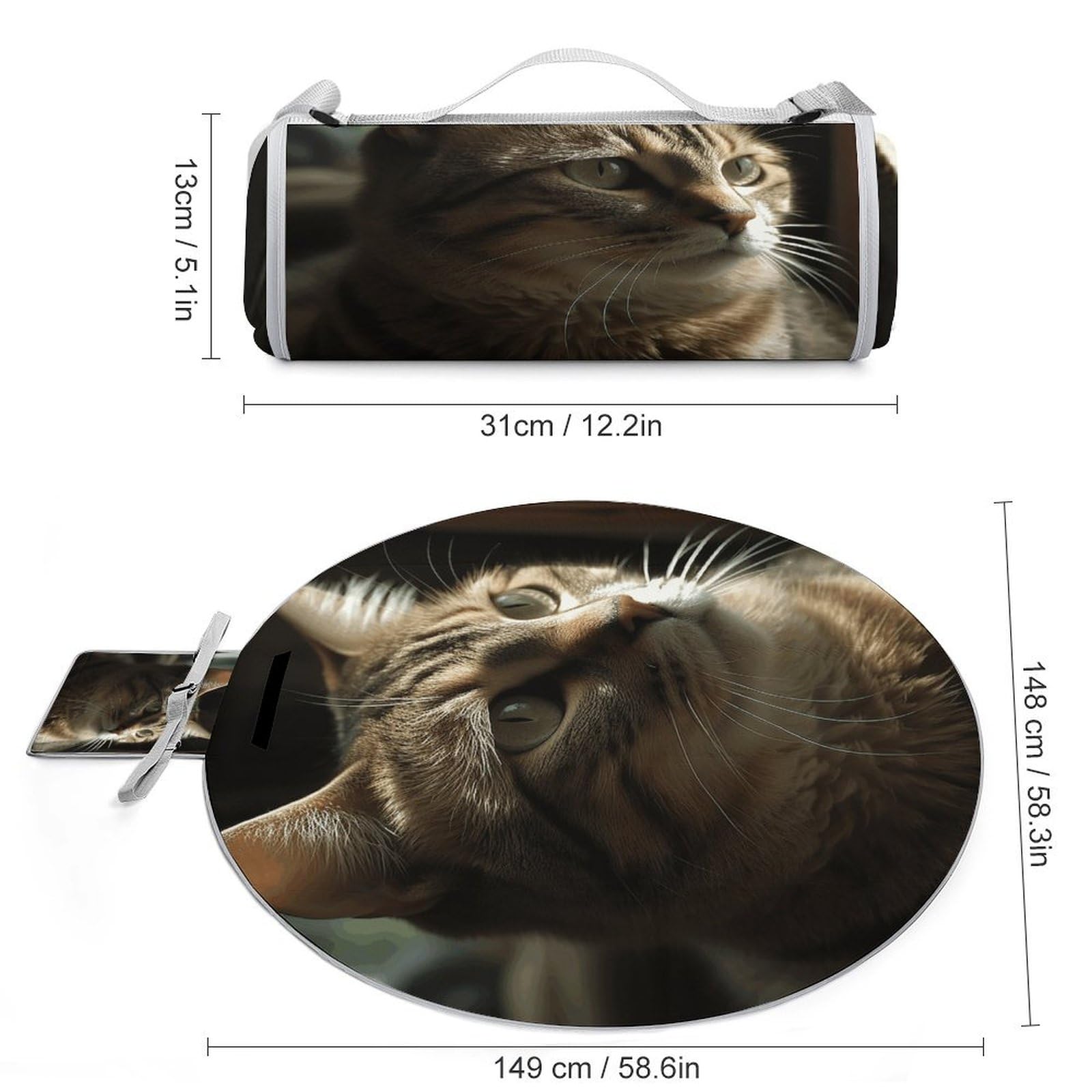 SKTNBM Picnic Blankets,Tabby Cat Print Picnic Mat,Portable Picnic Blanket,Foldable Compact Beach Blanket for Camping,Park,Travel