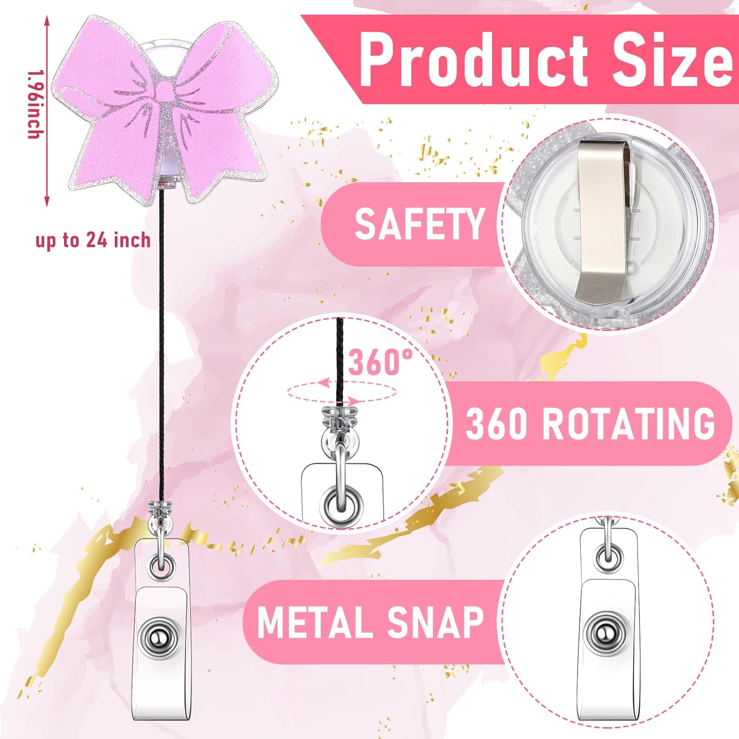8 Pcs Coquette Pink Bow Badge Reel Retractable Badge Reel for ID Card Cute Alligator Clip Accessories for Nurse Medical Worker Office School Teacher(Bow Theme,Acrylic)