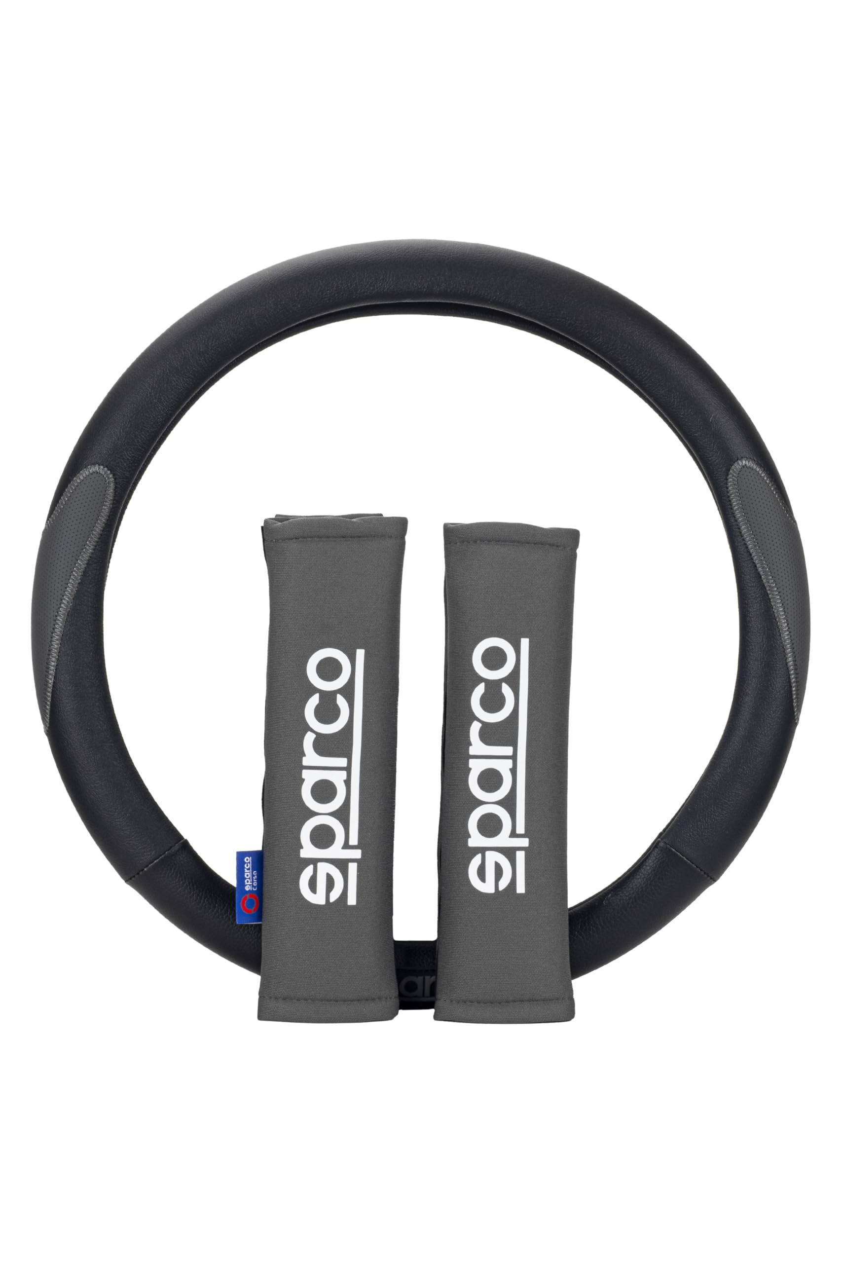 Sparco Set Funda Volante Negra y Gris Universal 37 38 cm y Almohadillas de Cinturón SPC1116 Grises Cierre Velcro Accesorios Coche
